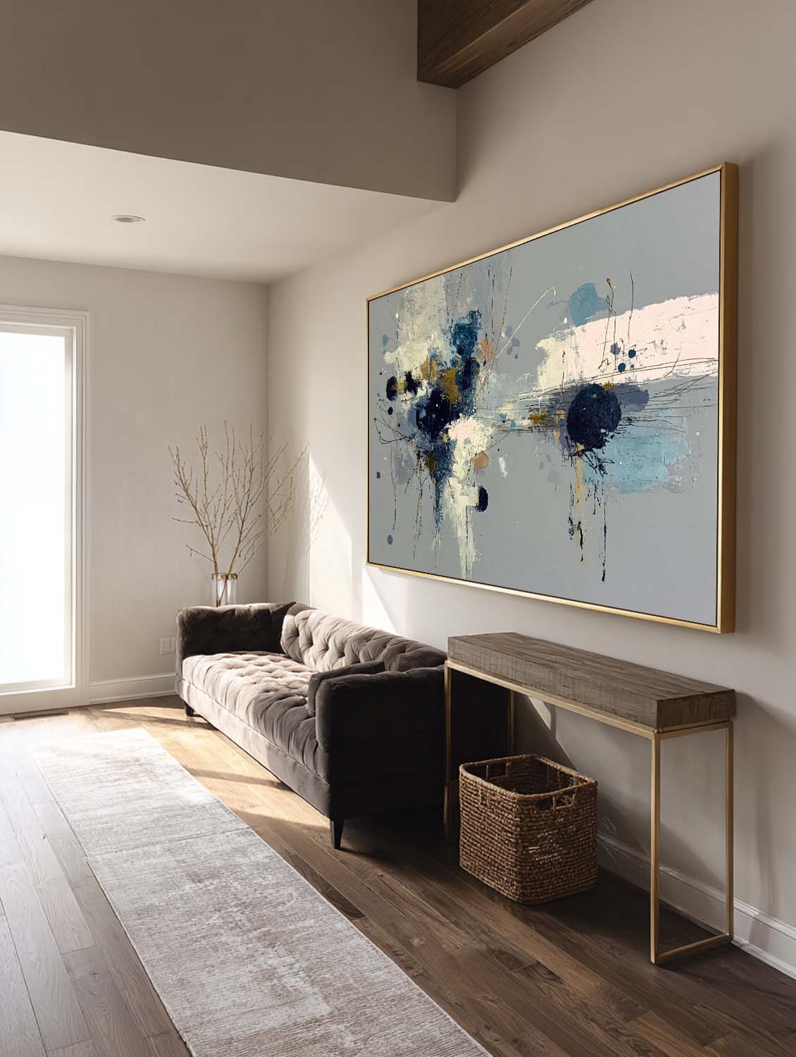 Square Abstract Floral Oil Painting Grey And Blue Minimalist Wall Art