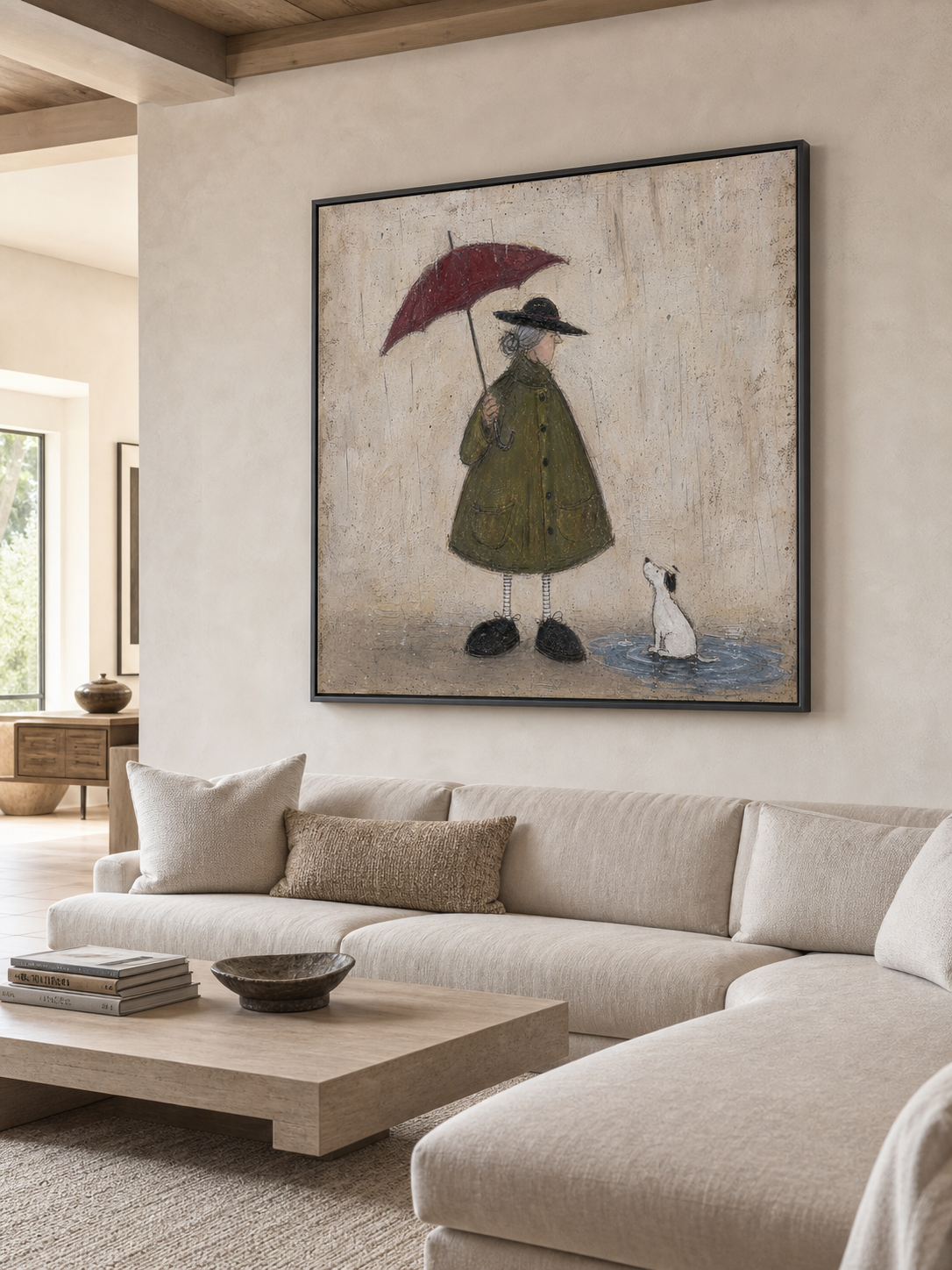 Vintage Man With Dog Painting Red Umbrella Retro Wall Art For Living Room