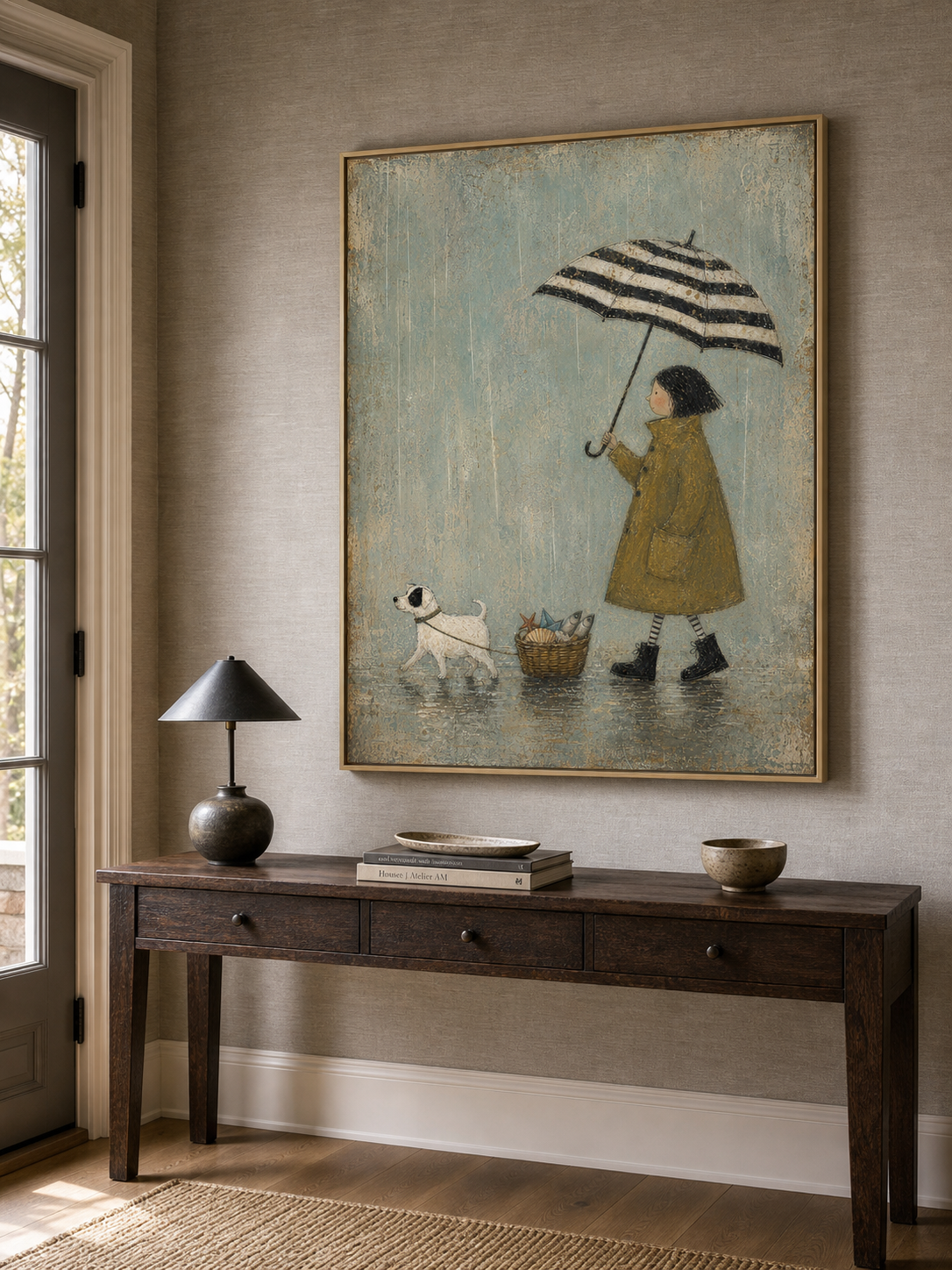 Rainy Day Dog Canvas Wall Art Striped Umbrella And Fish Basket Vintage Decor