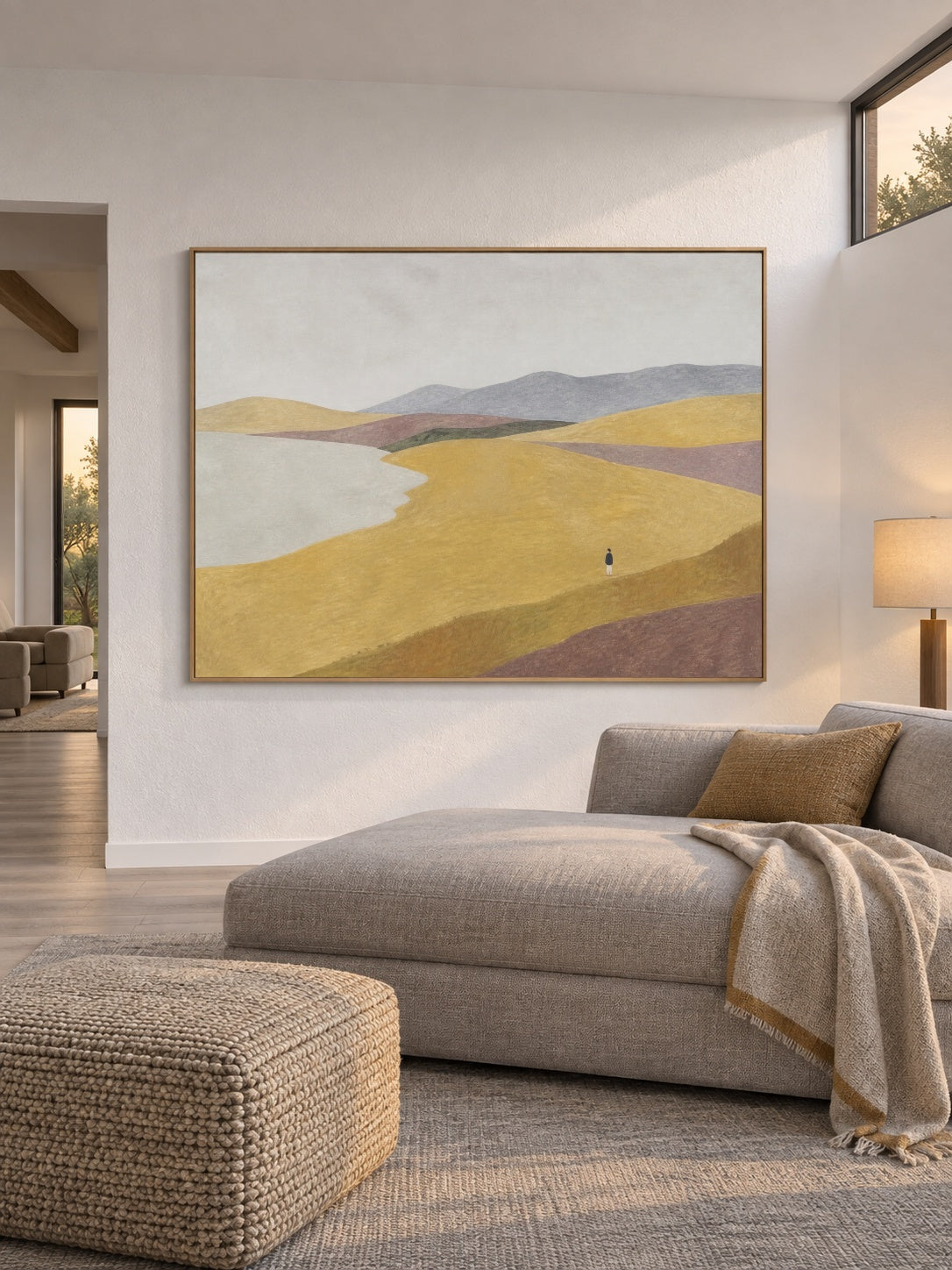 Neutral Golden Hill Canvas Art With Lone Figure For Contemporary Bedroom Decor