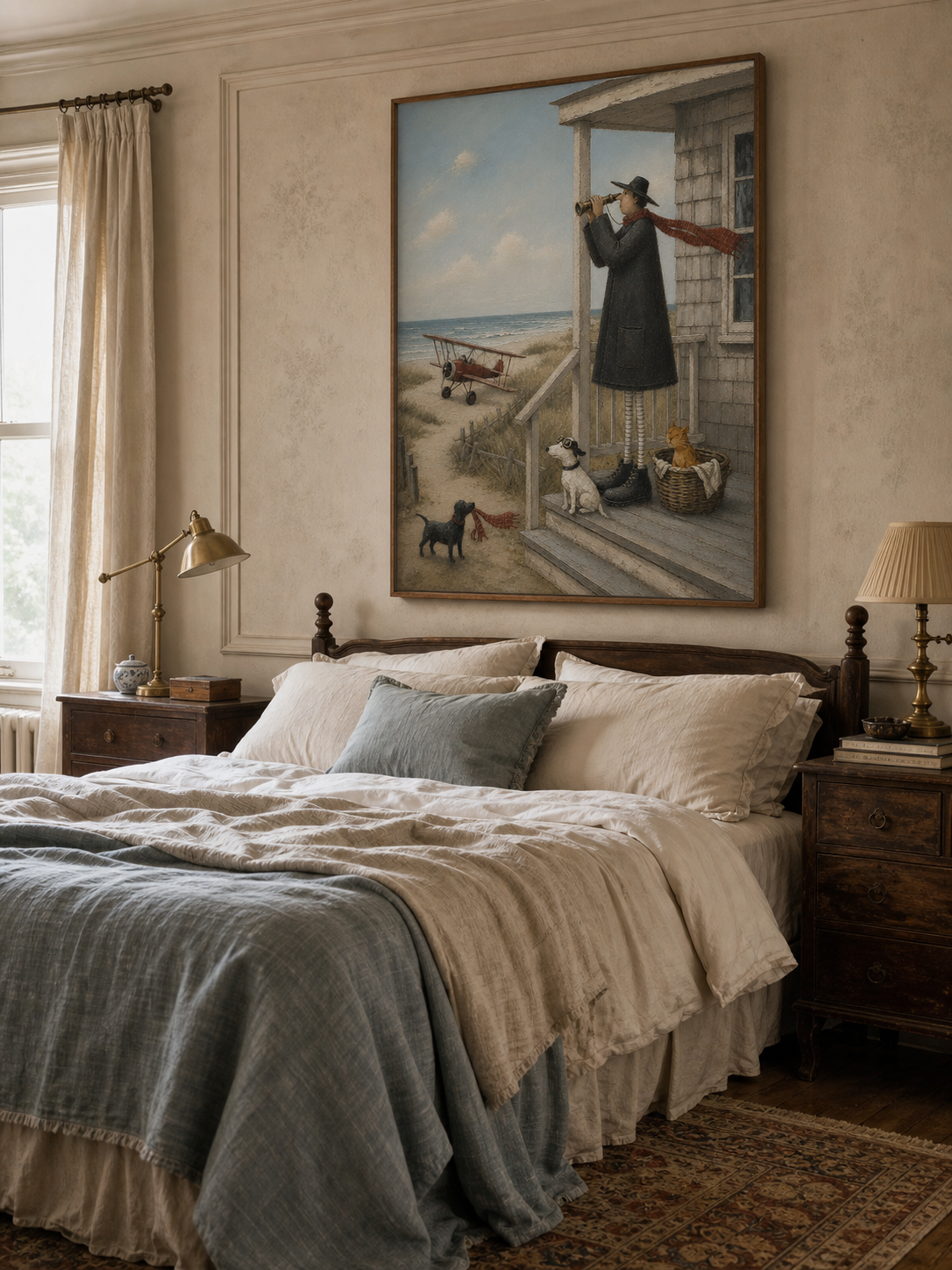 Charming Coastal Art Featuring A Seaside Porch And Vintage Biplane