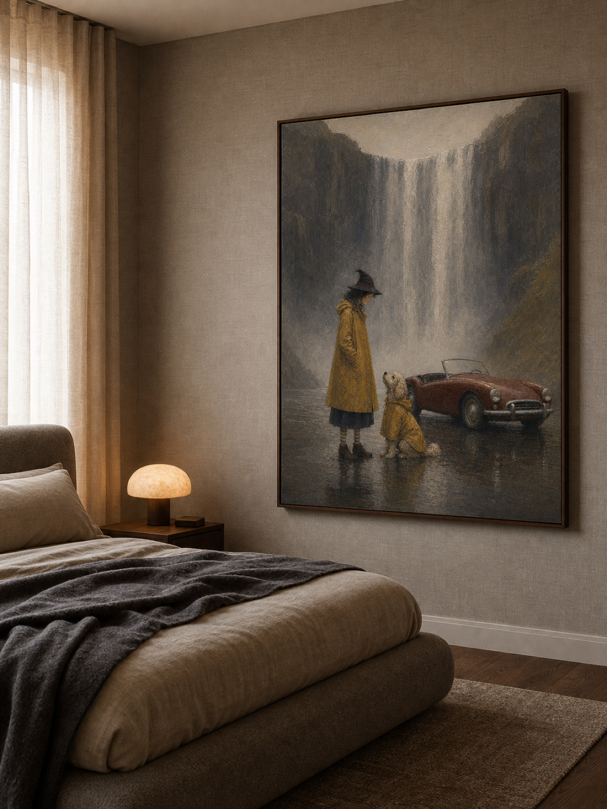 Hand Painted Vintage Adventure Painting With Dog Waterfall Travel Story Art