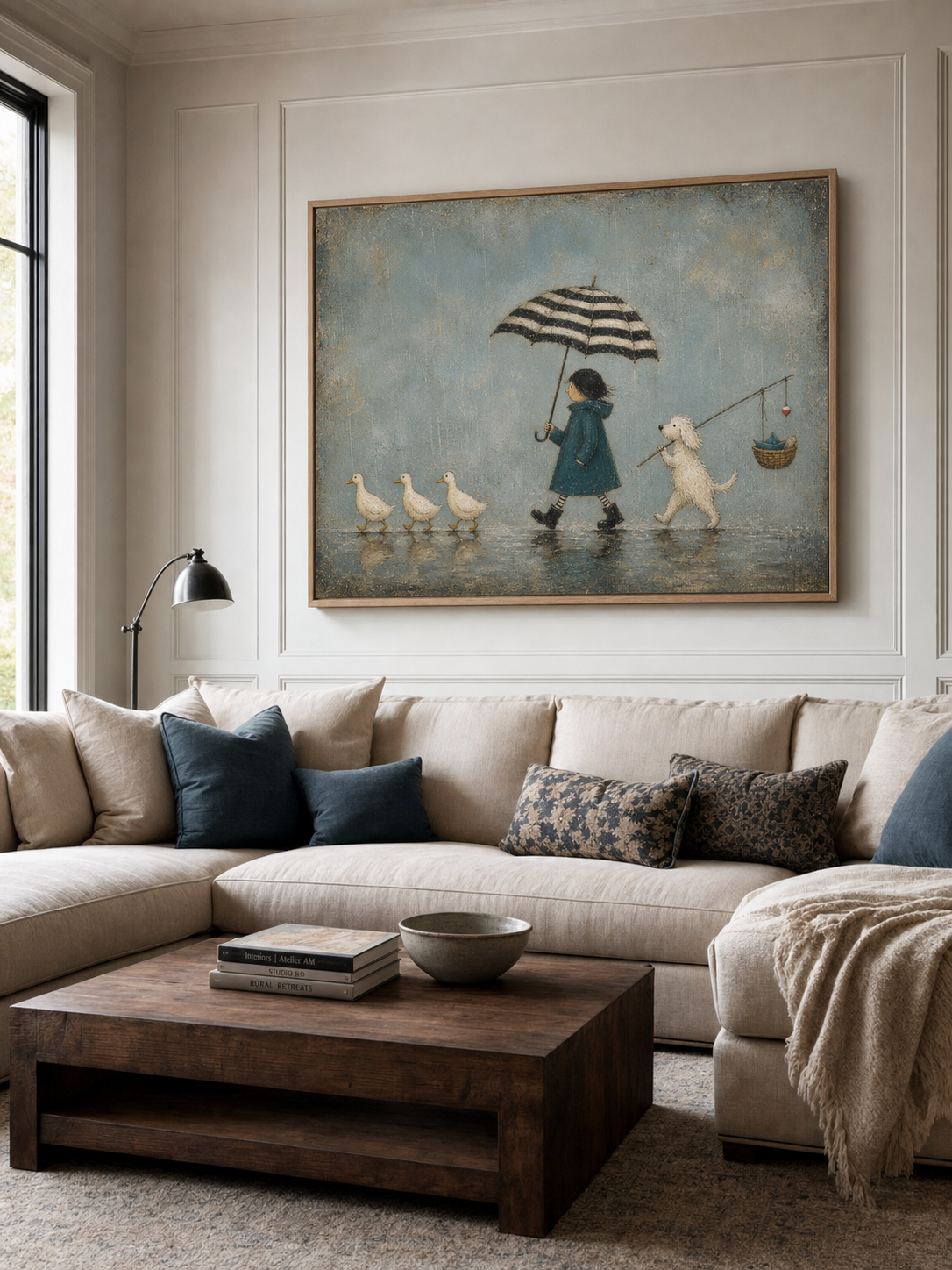Charming Rainy Day Dog And Duck Art For Modern Kids Room Nursery Wall Decor