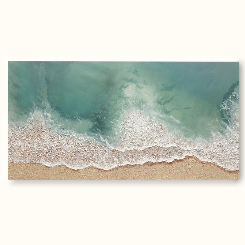 Light Green Ocean Wave Painting Beige Green Minimalist Art Large Sea Canvas Painting