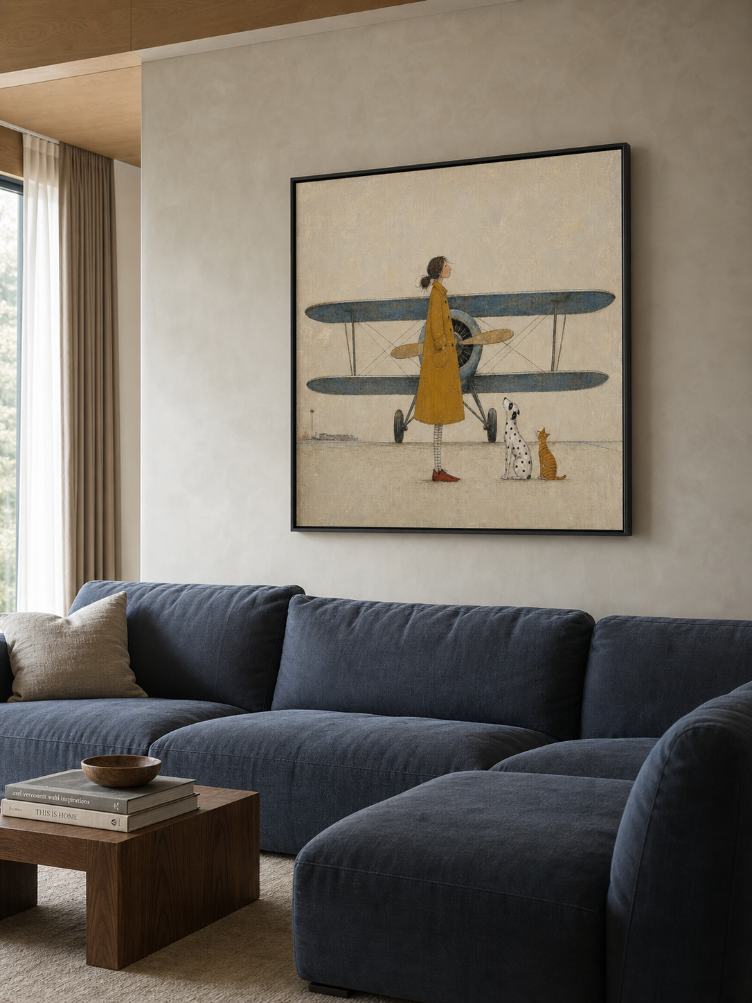 Whimsical Girl And Airplane Painting Retro Illustration On Linen Canvas For Home