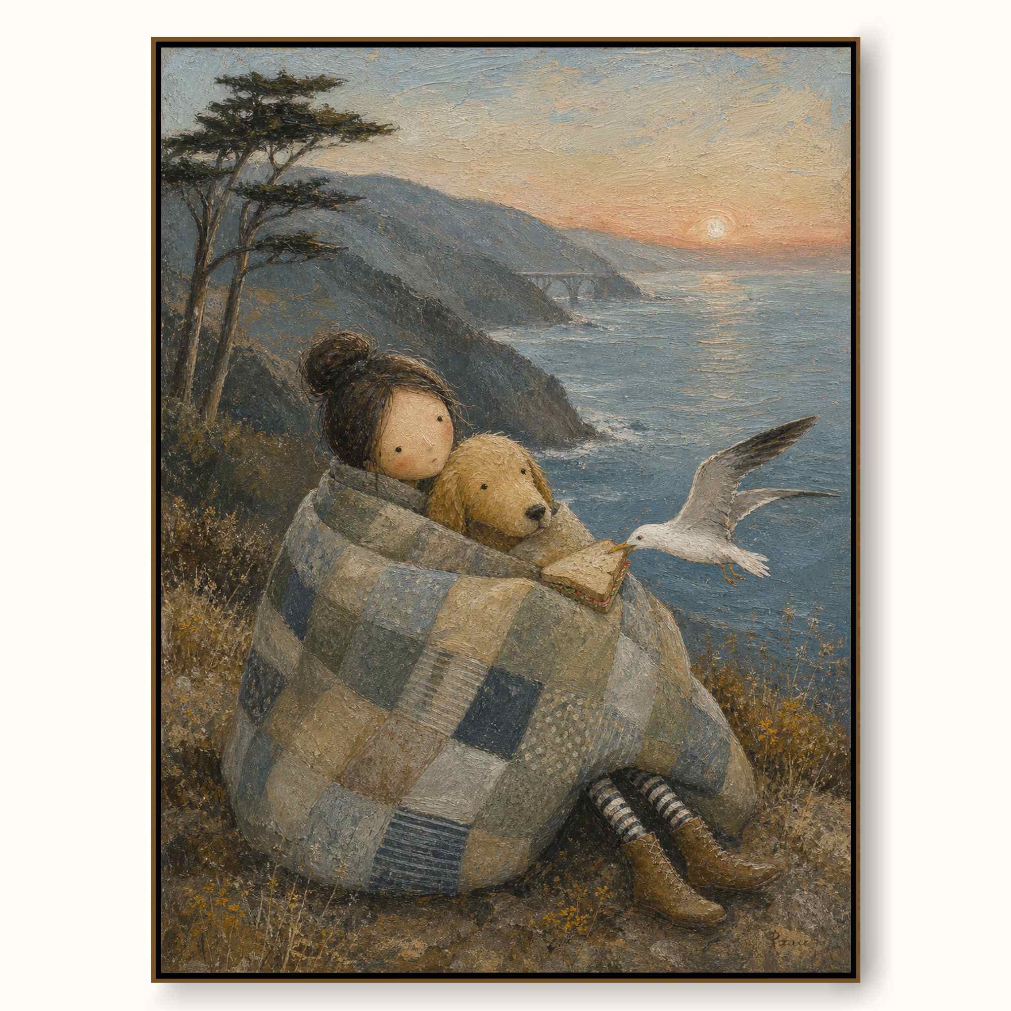 Whimsical California Coast Art With Dog And Girl For Seaside Wall Decor
