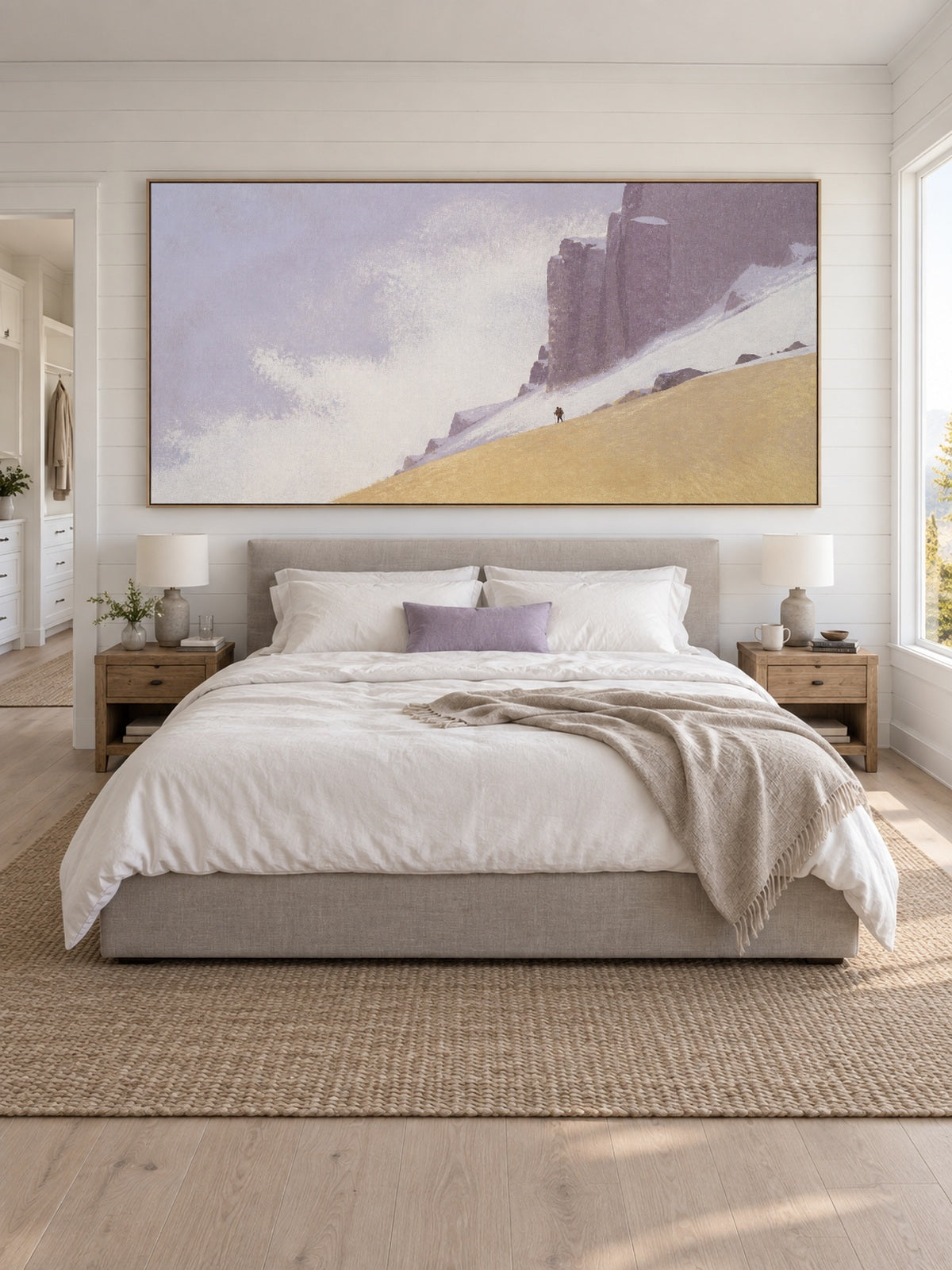 Large Hand Painted Minimalist Snowy Cliffs With Tiny Hikers Wall Art