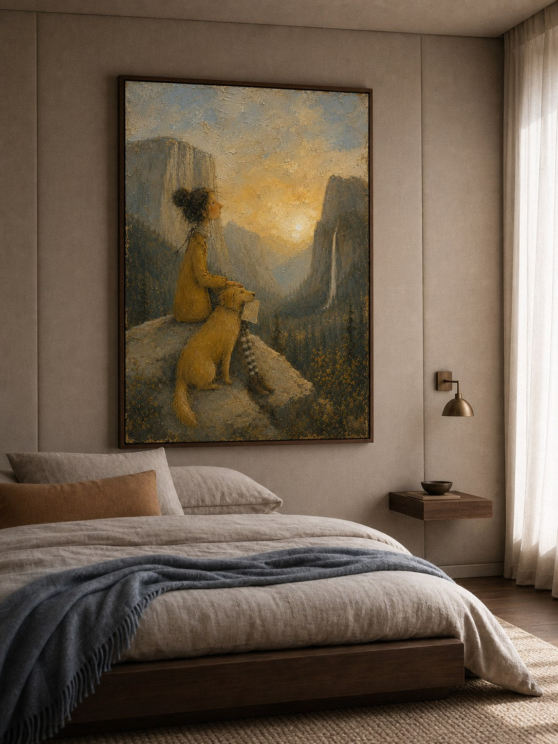 Vintage Yosemite Inspired Painting With Girl Dog And Mountain Valley