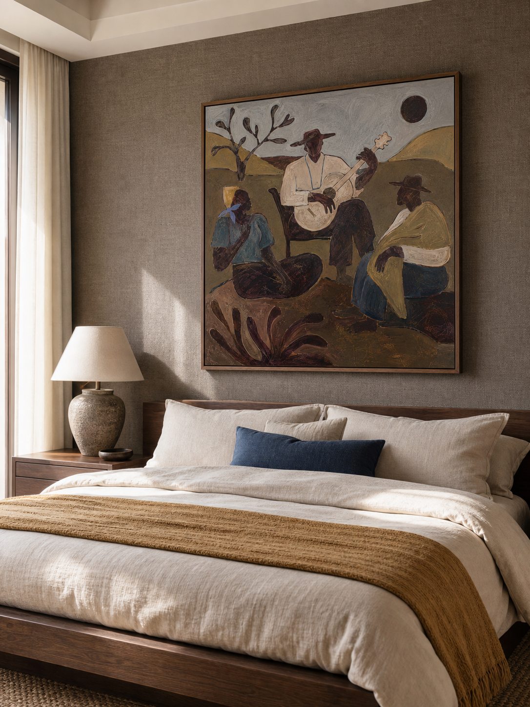 Original Folk Music Painting With Moonlight Scene Oil Painting Large Rustic Southwestern Wall Art