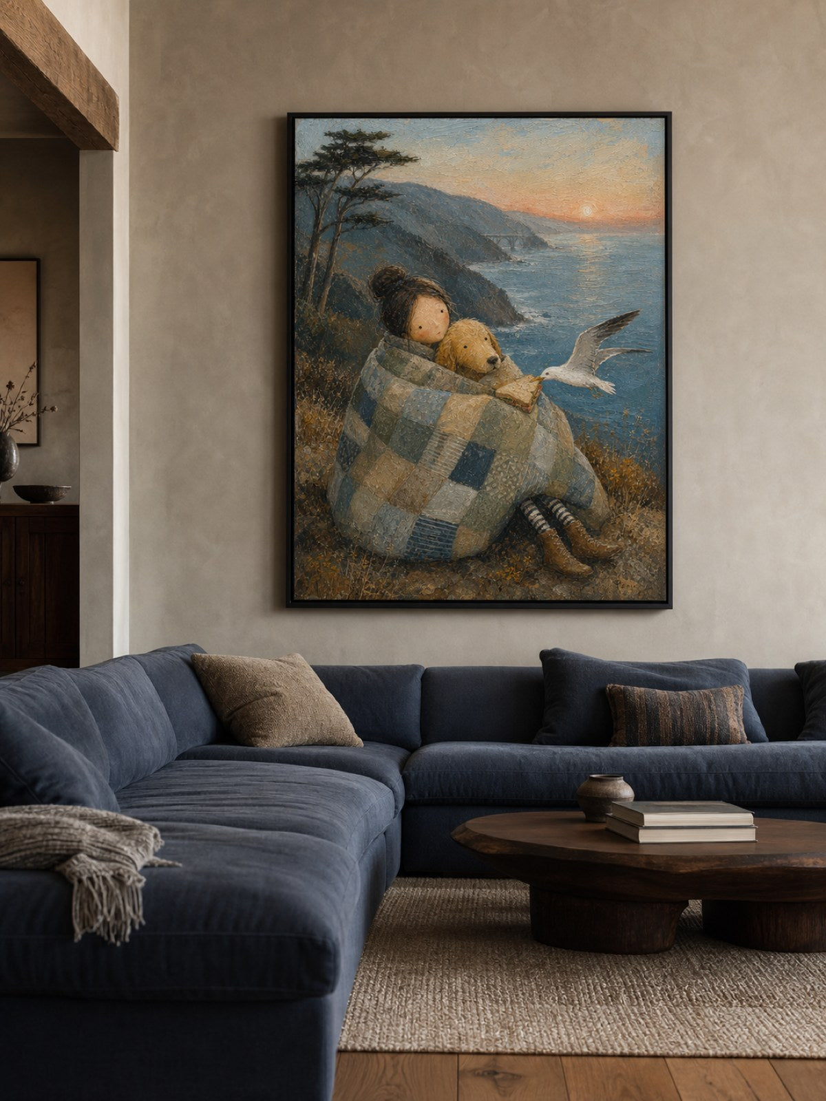 Whimsical California Coast Art With Dog And Girl For Seaside Wall Decor