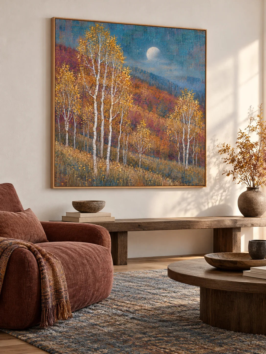 Large Textured Autumn Woodland Painting For Modern Rustic Living Room Decor