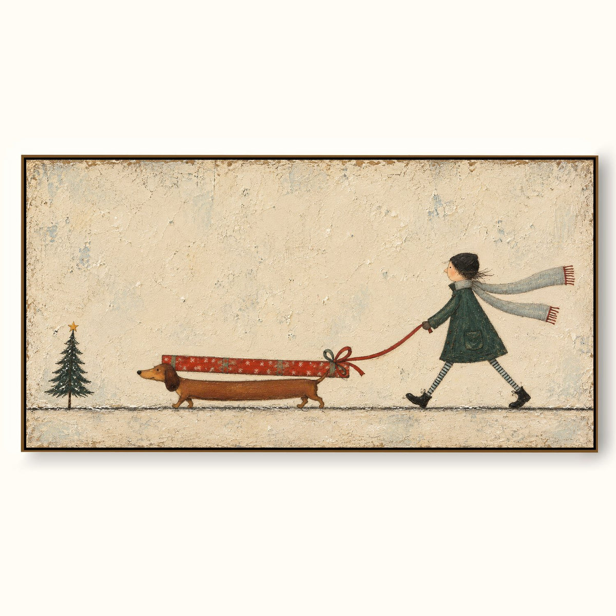 Hand-Painted Dachshund Christmas Art With Girl And Gift Canvas