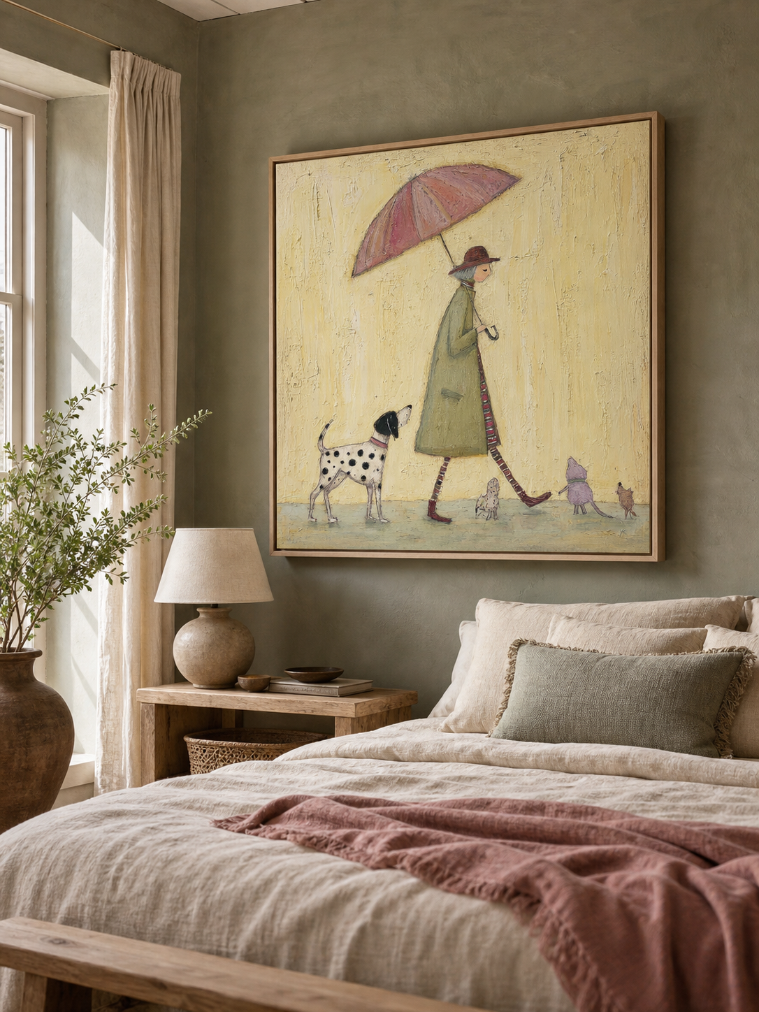 Vintage Dog Painting With Lady And Umbrella For Cozy Home Decor