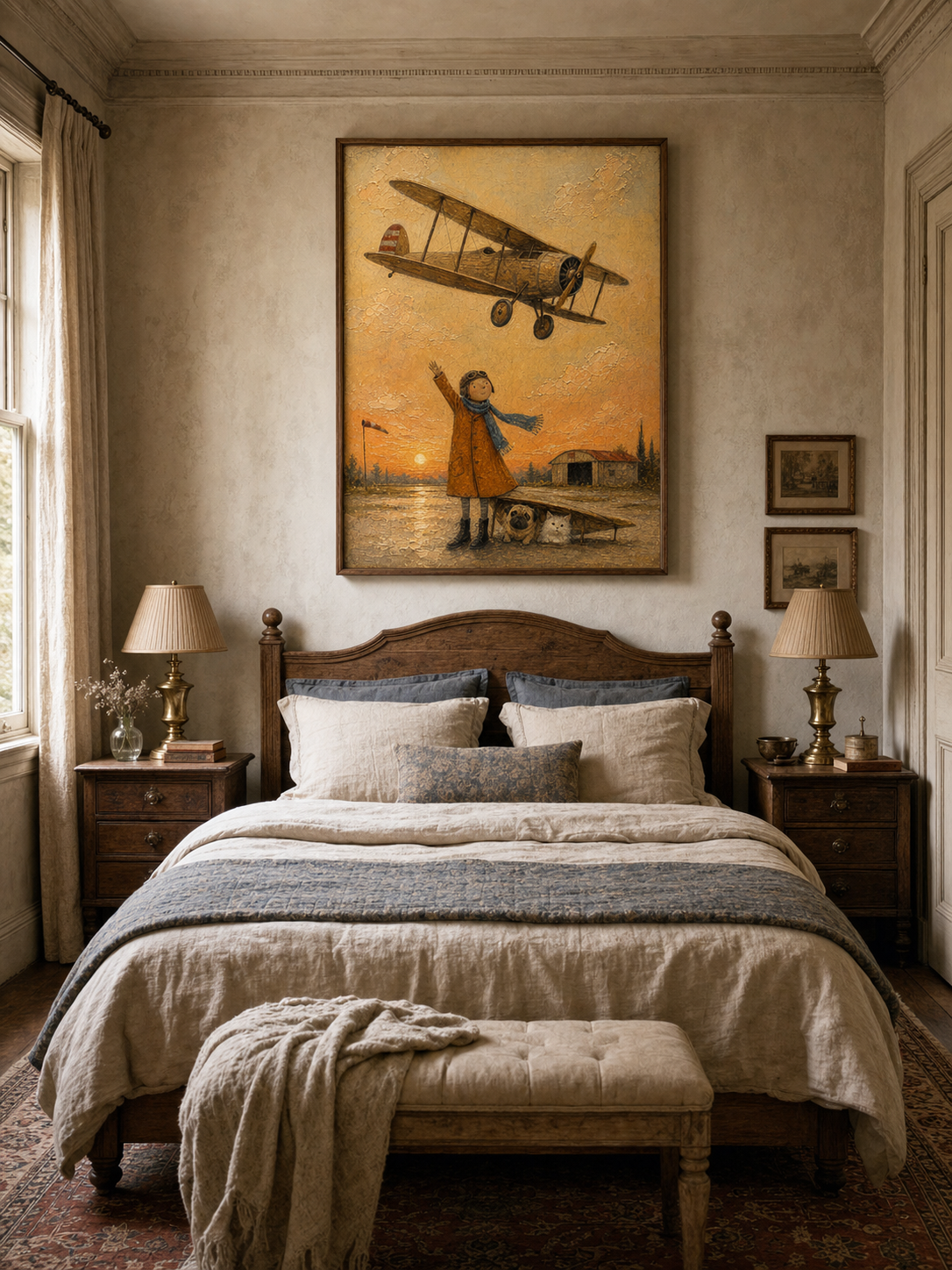 Whimsical Vintage Airplane Painting For Kids Room With Pets And Sunset Glow Original Art
