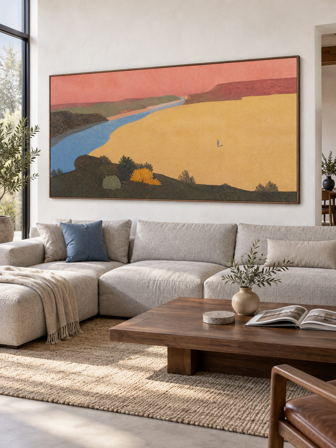 Colorful Coral River Valley Canvas Art With Lone Figure For Bedroom Decor