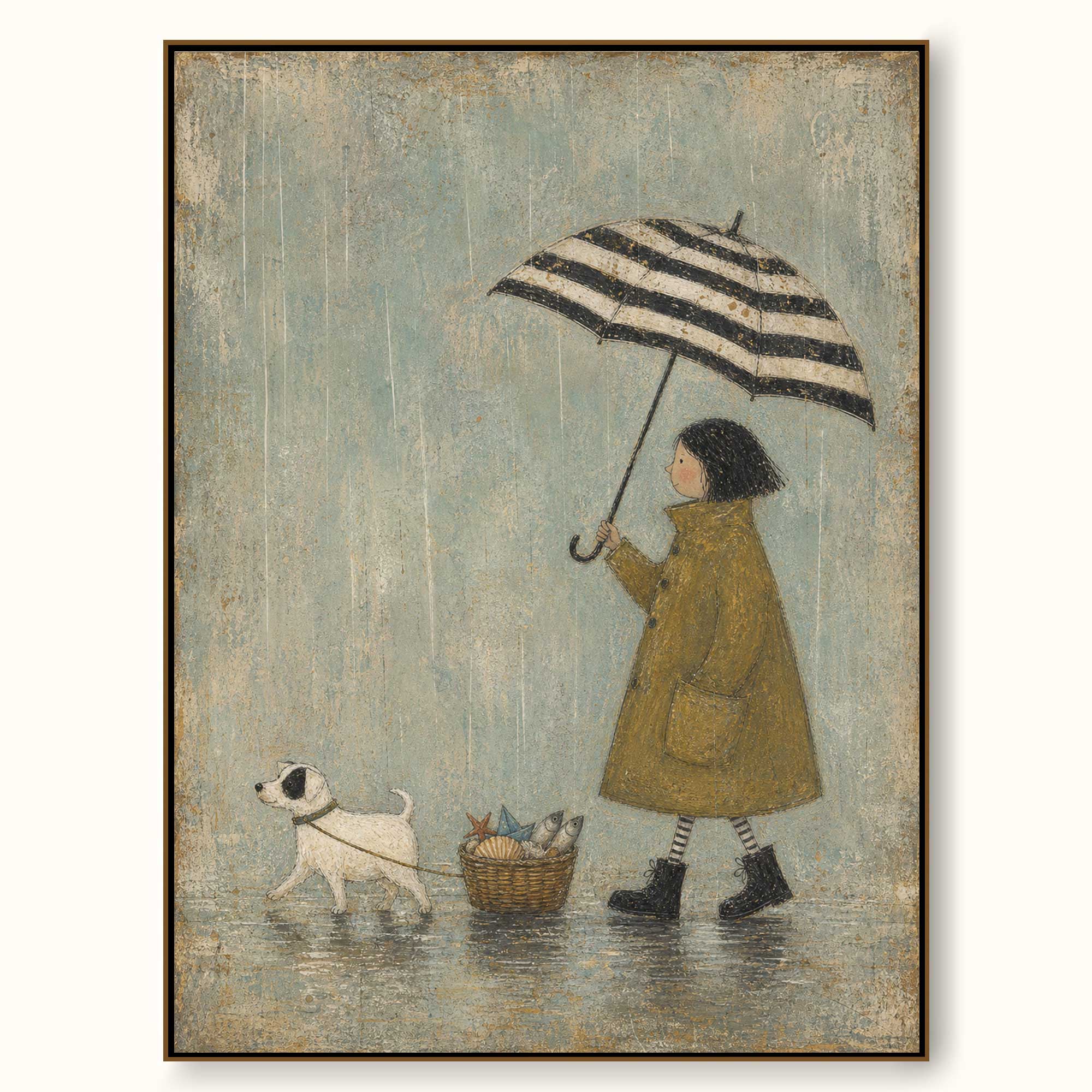 Rainy Day Dog Canvas Wall Art Striped Umbrella And Fish Basket Vintage Decor