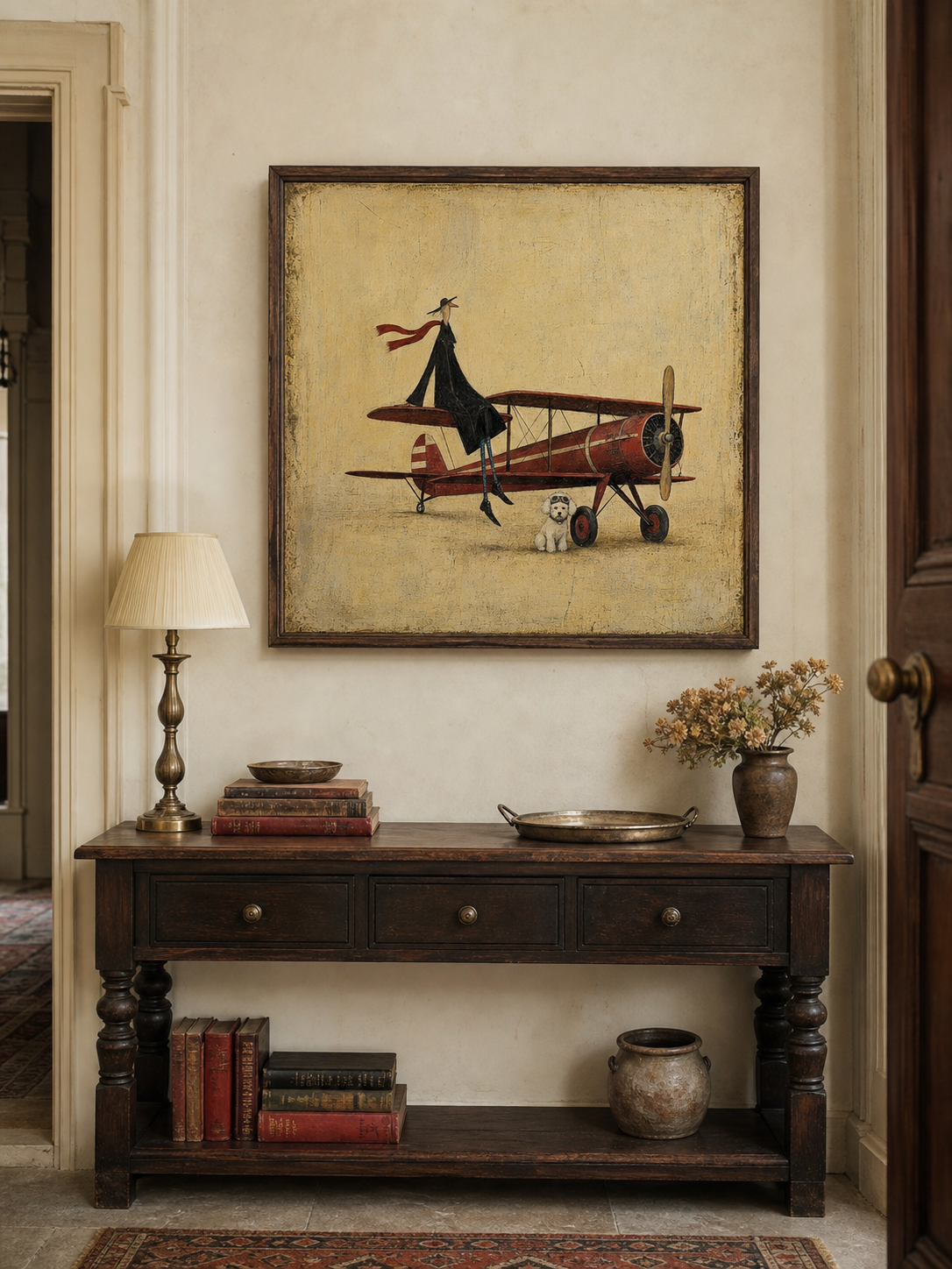 Original Surrealist Oil Painting Aviator Wall Art Handmade Canvas Vintage Airplane Fine Art
