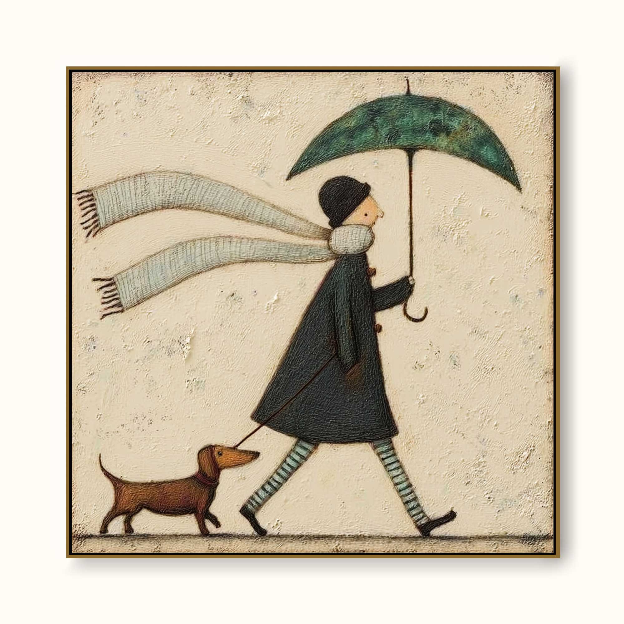 Whimsical Pet Art With Umbrella And Scarf Original Oil Painting On Linen Canvas
