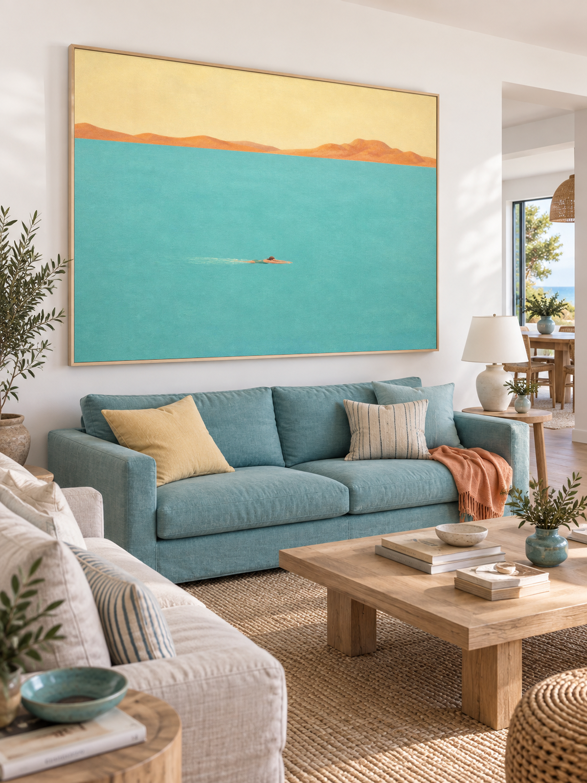 Modern Coastal Wall Art For Bedroom Room Solo Swimmer Painting Blue Beige