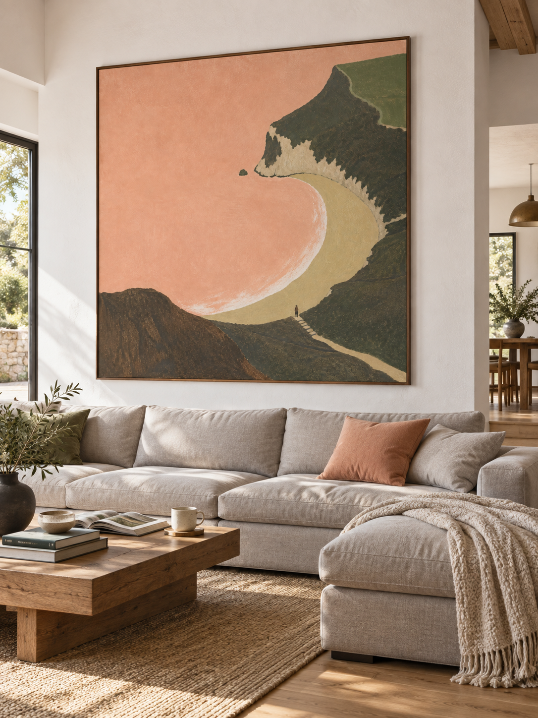 Solitary Figure On Cliffside Path Overlooking Pink Bay Canvas Painting