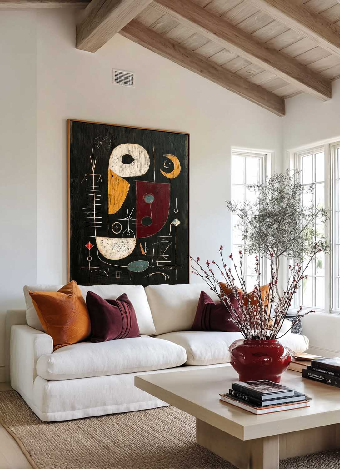 Tall Vertical Abstract Painting With Bold Geometric Shapes And Red Accents
