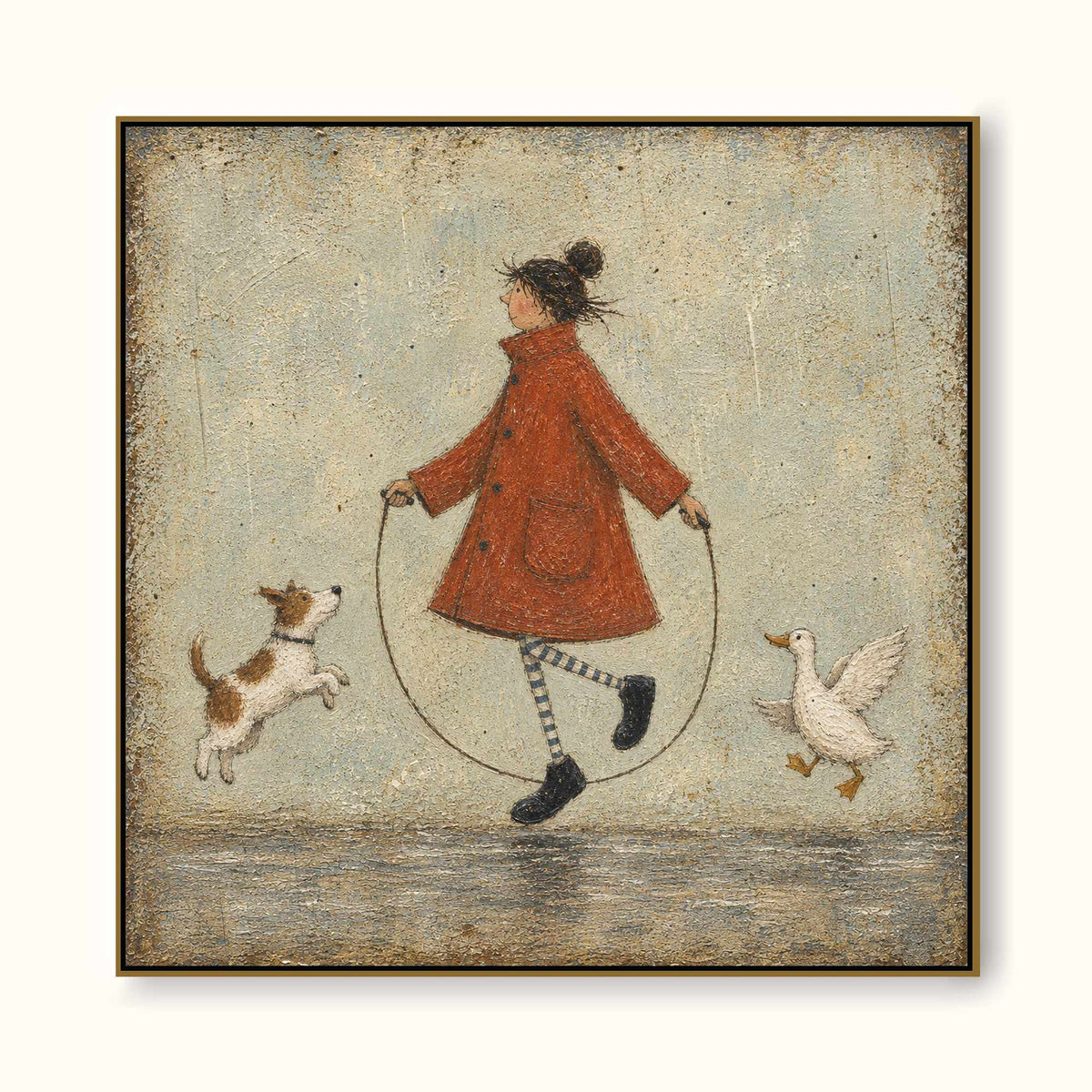 Whimsical Girl Dog And Duck Jump Rope Hand-Painted Canvas Wall Art