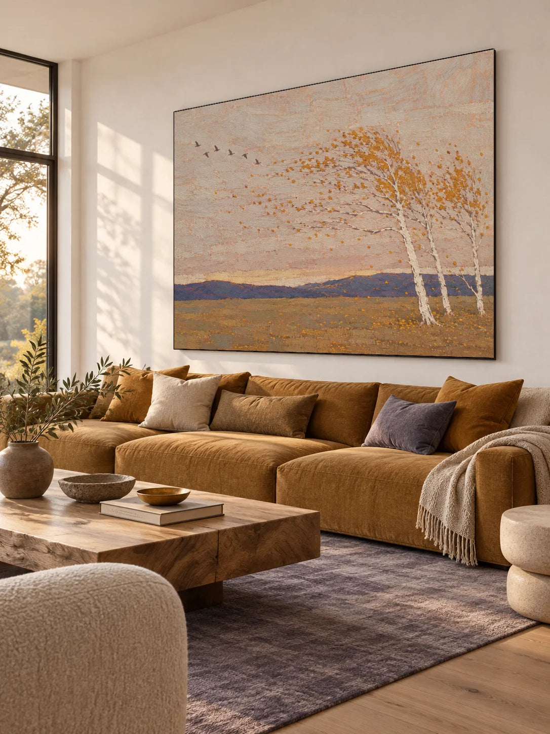 Large Rural Landscape Wall Art Hand Painted Minimalist Birch Tree Canvas Painting