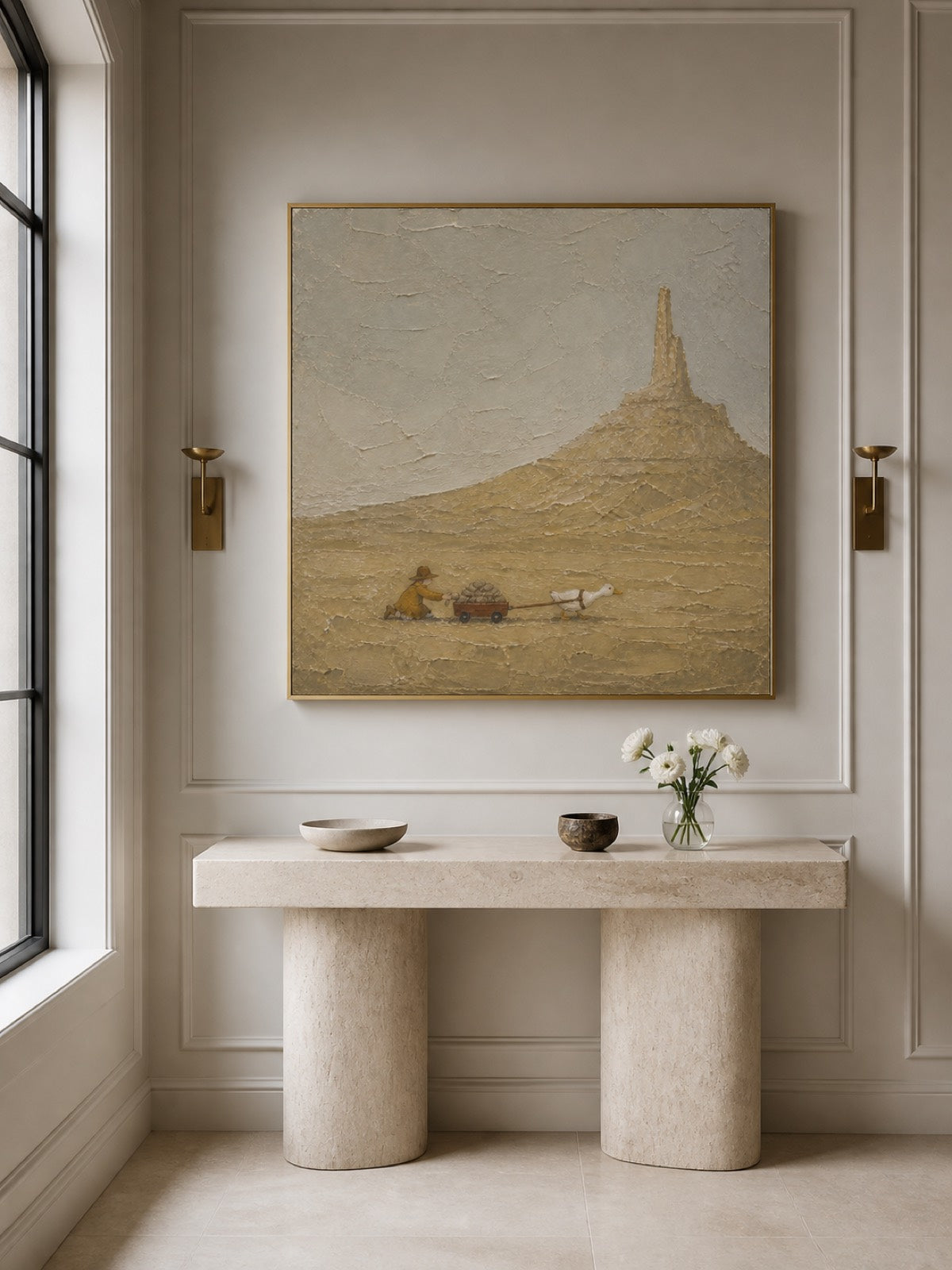 Textured Coastal Travel Art With Surreal Cave Scene In Beige And Grey Tones For Living Room