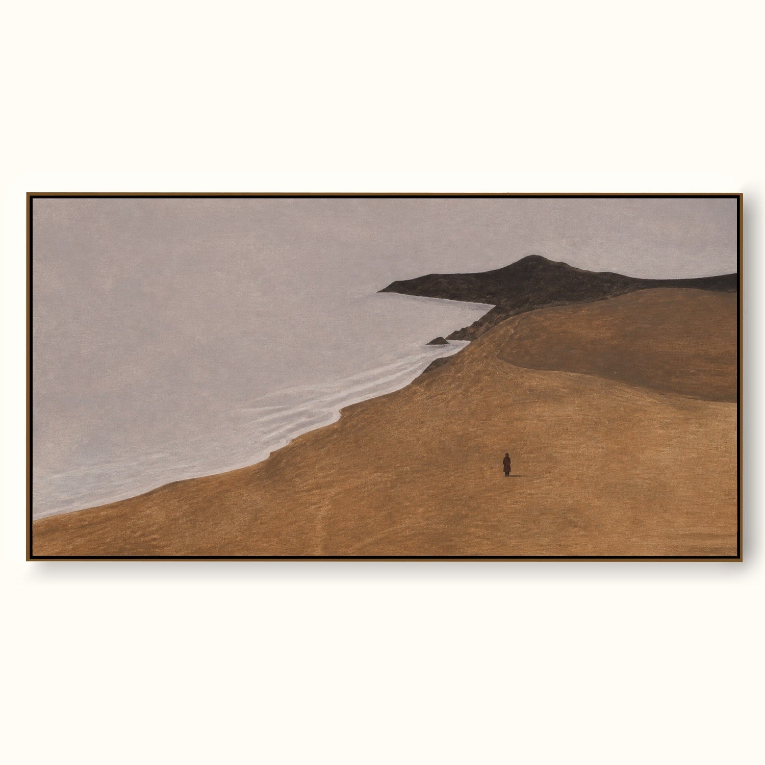 Solitary Figure Coastal Landscape Hand-Painted Canvas Art In Taupe And Silver