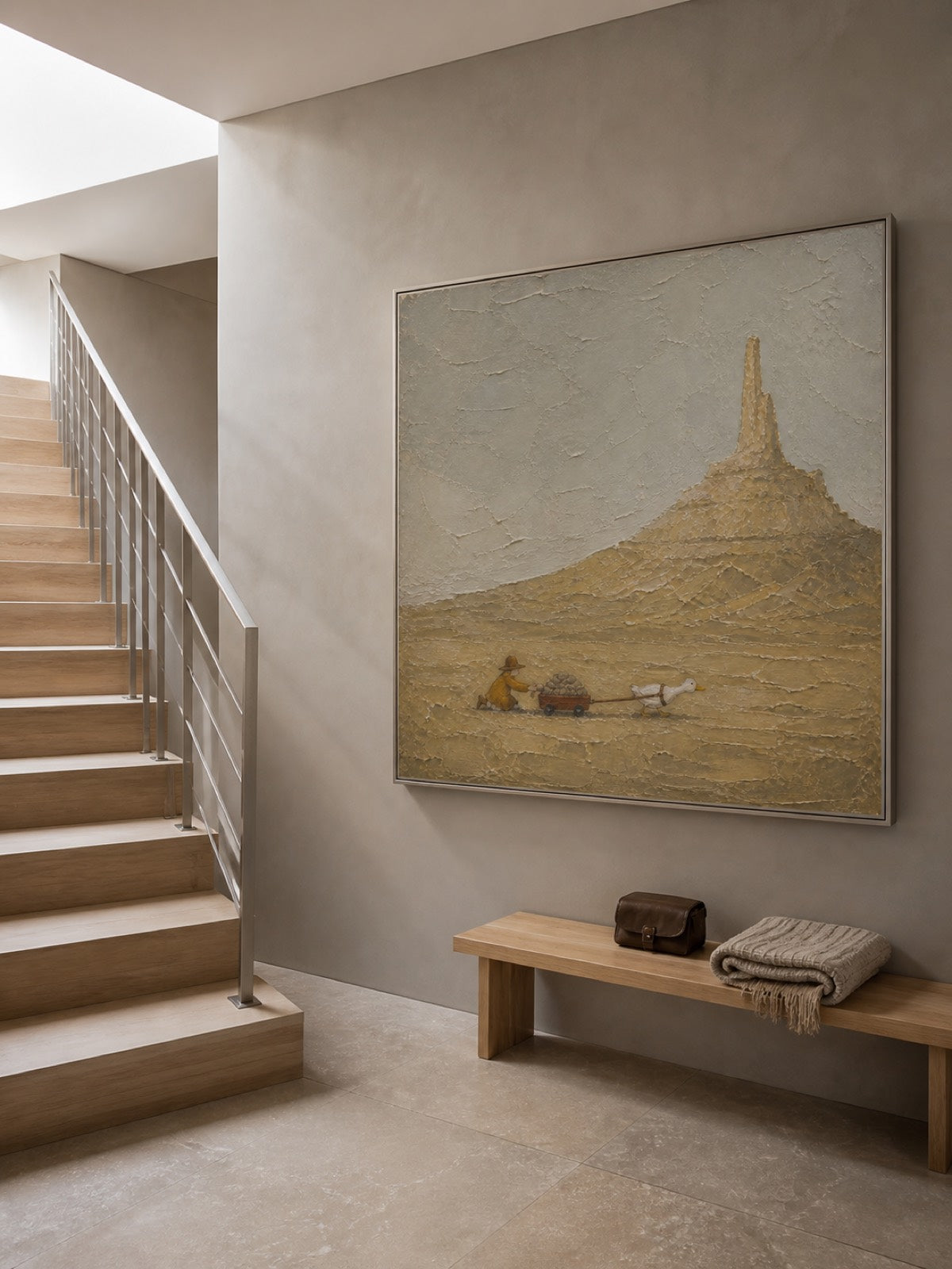 Textured Coastal Travel Art With Surreal Cave Scene In Beige And Grey Tones For Living Room