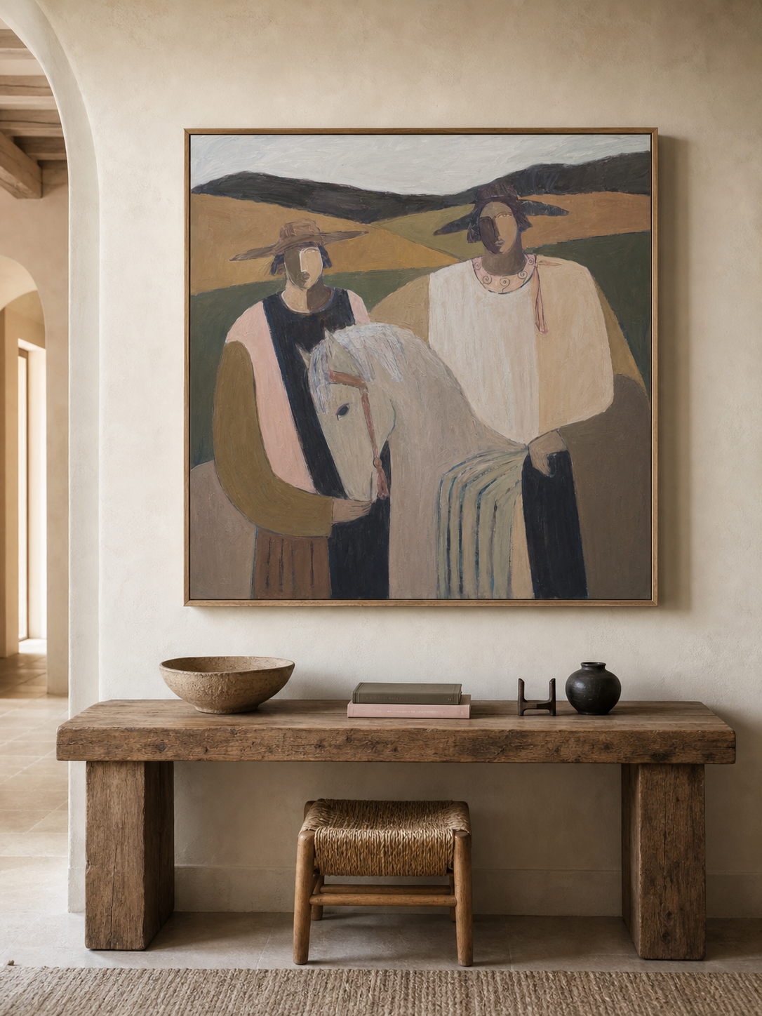 Contemporary Folk Art Painting With Horse And Figures In Earthy Tones For Modern Home Decor