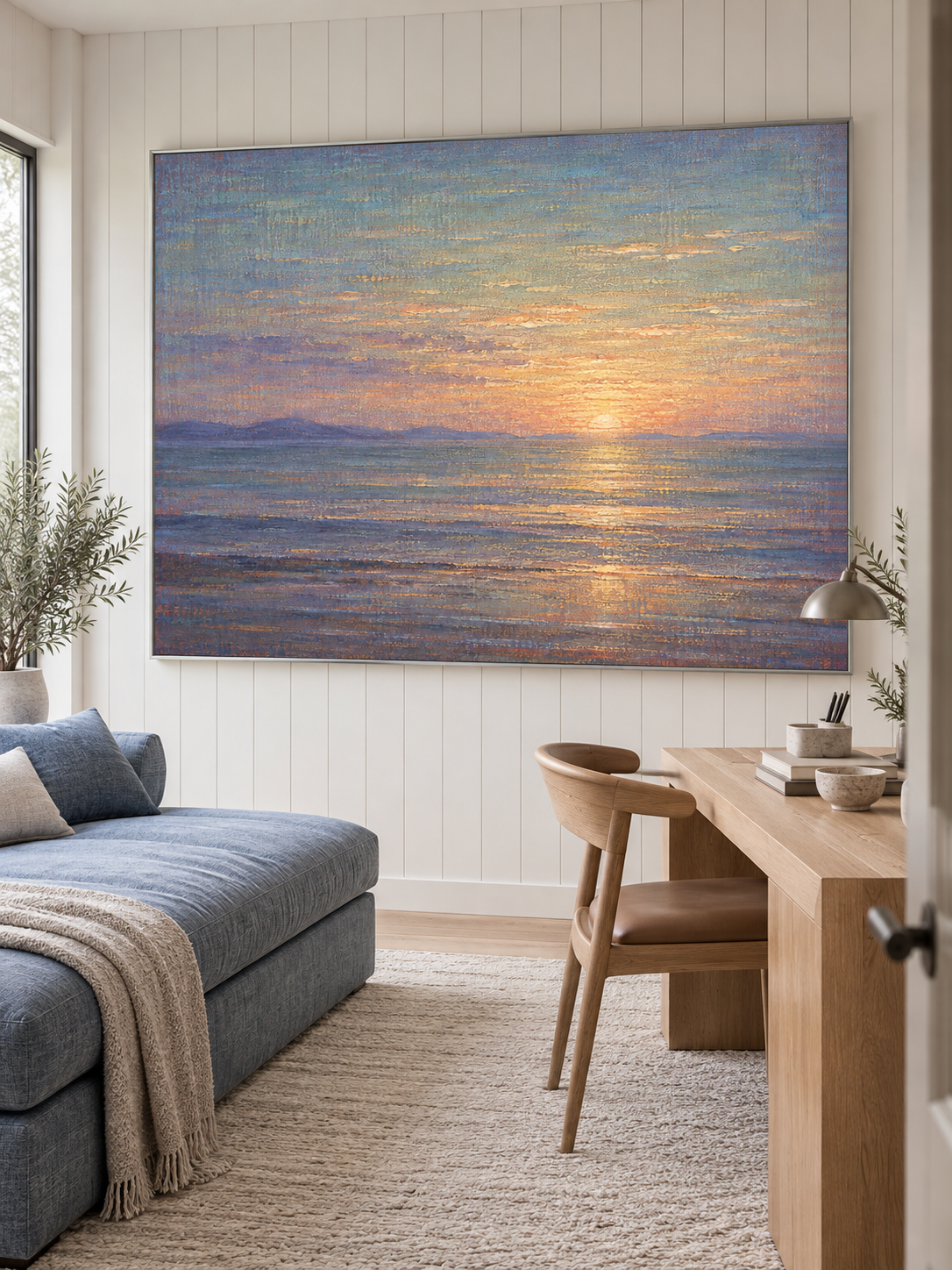 Hand-Painted Sunset Seascape Canvas Art With Golden Reflections On Blue Ocean