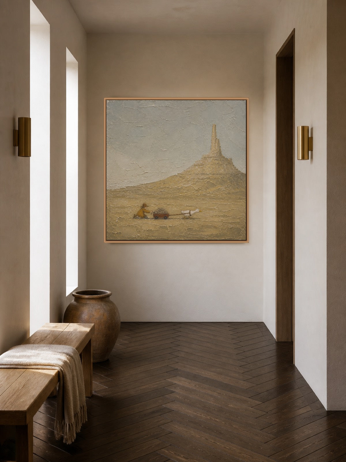 Textured Coastal Travel Art With Surreal Cave Scene In Beige And Grey Tones For Living Room