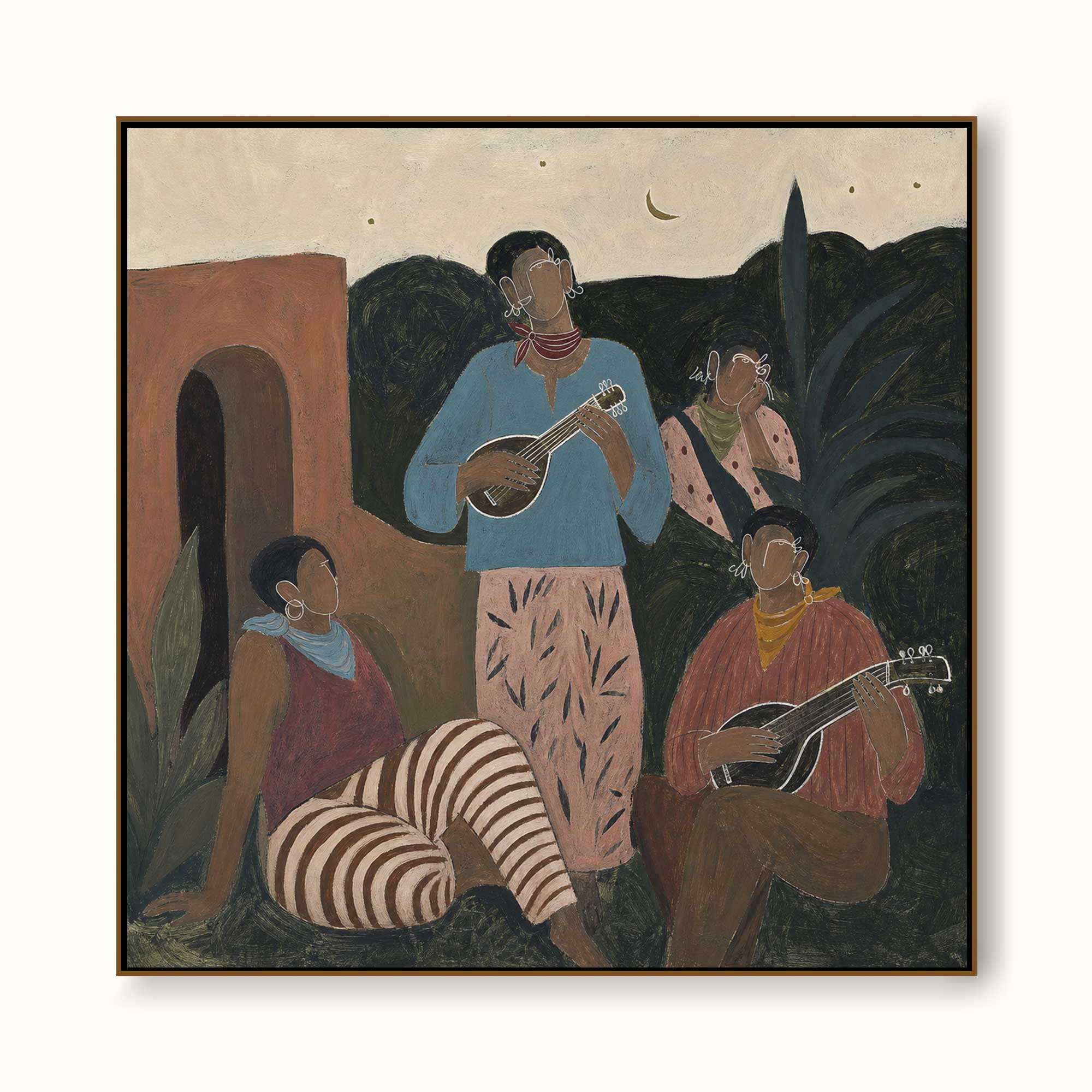 Original Hand Painted Folk Music Painting Vintage People Bohemian Wall Art