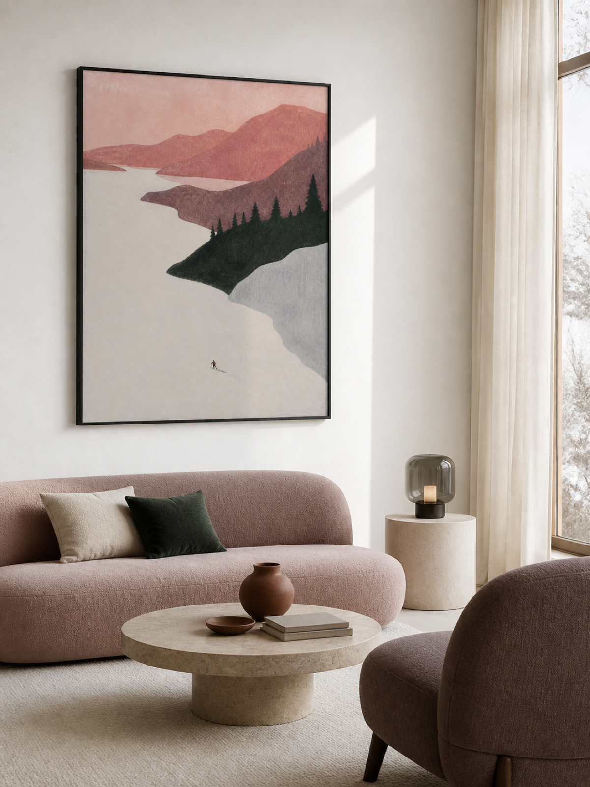 Lone Skier Crossing A Snowy Alpine Valley Contemporary Oil Painting