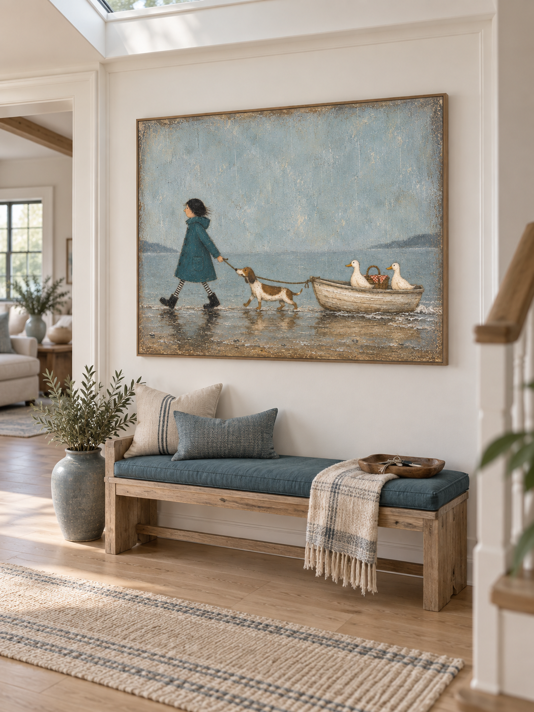 Whimsical Rainy Day Canvas Art With Girl Dog And Ducks For Kids Room Decor