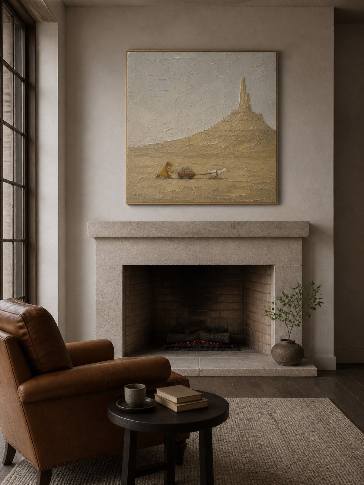 Textured Coastal Travel Art With Surreal Cave Scene In Beige And Grey Tones For Living Room