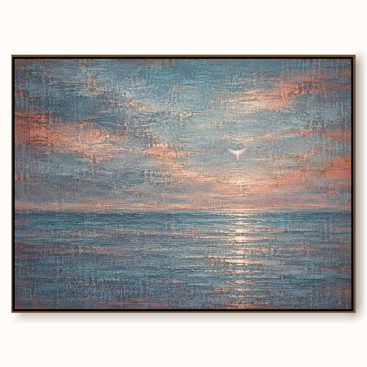 Hand-Painted Teal Seascape Canvas Art With Bird For Modern Wall Decor