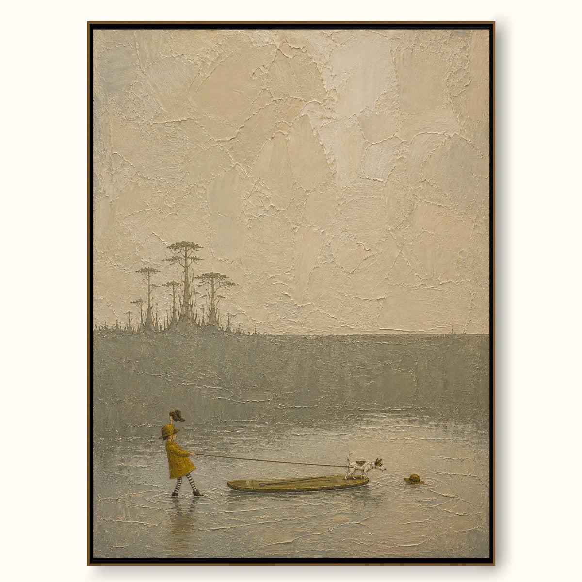 Vintage Girl And Dog Travel Canvas Painting In Beige And Grey