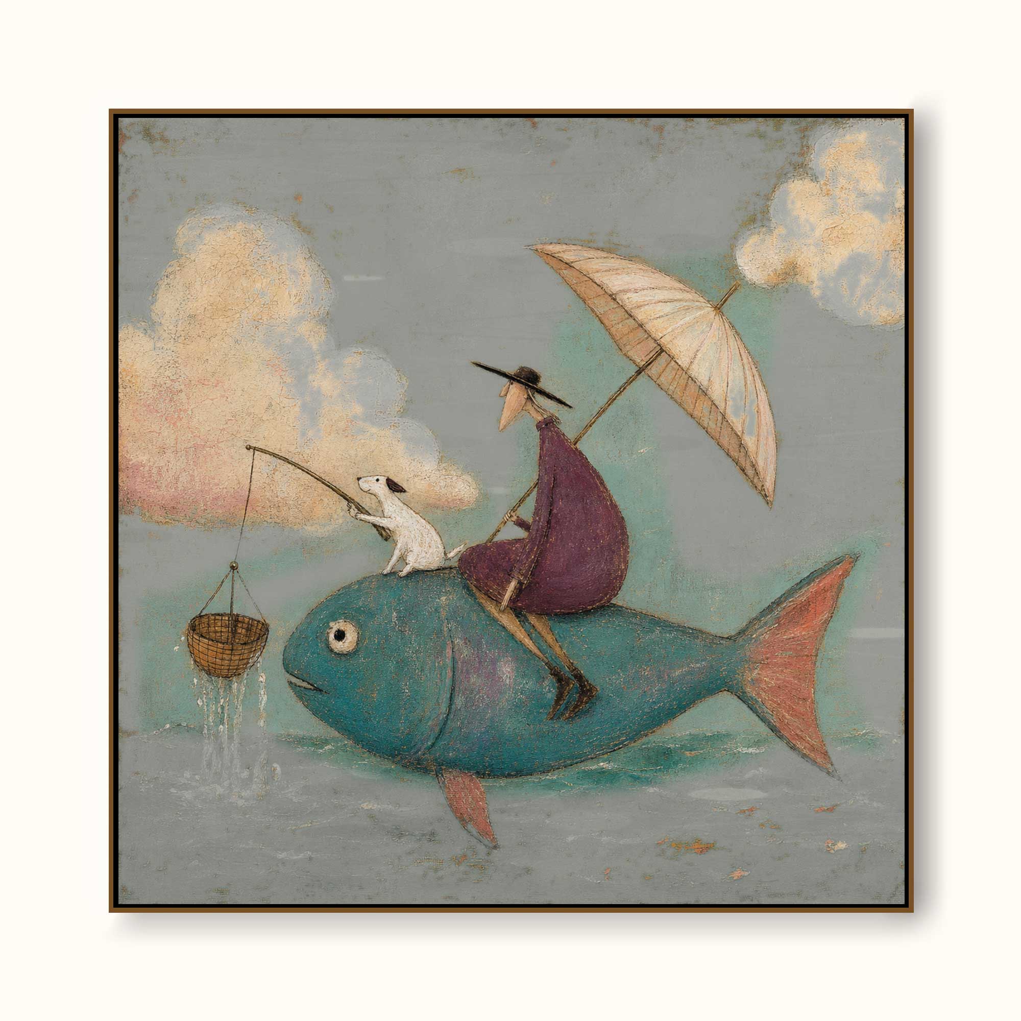 Whimsical Fish Riding Painting With Dog Vintage Surreal Wall Art For Living Room Decor