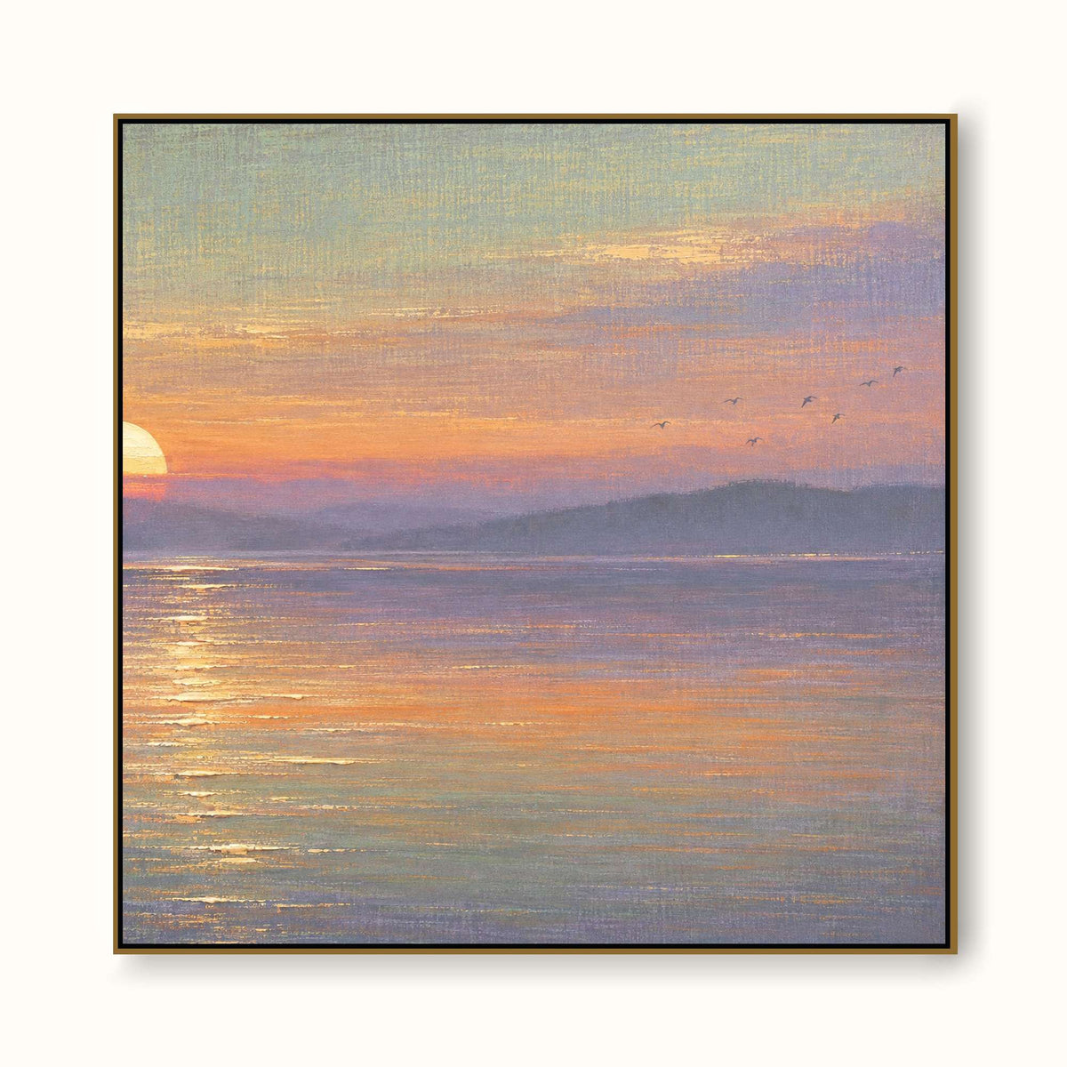 Golden Sunset Lake Square Wall Art Hand Painted Birds And Water Landscape Painting