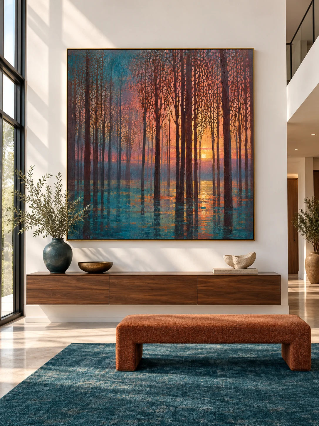 Large Textured Woodland Painting In Teal And Burnt Orange For Living Room Decor