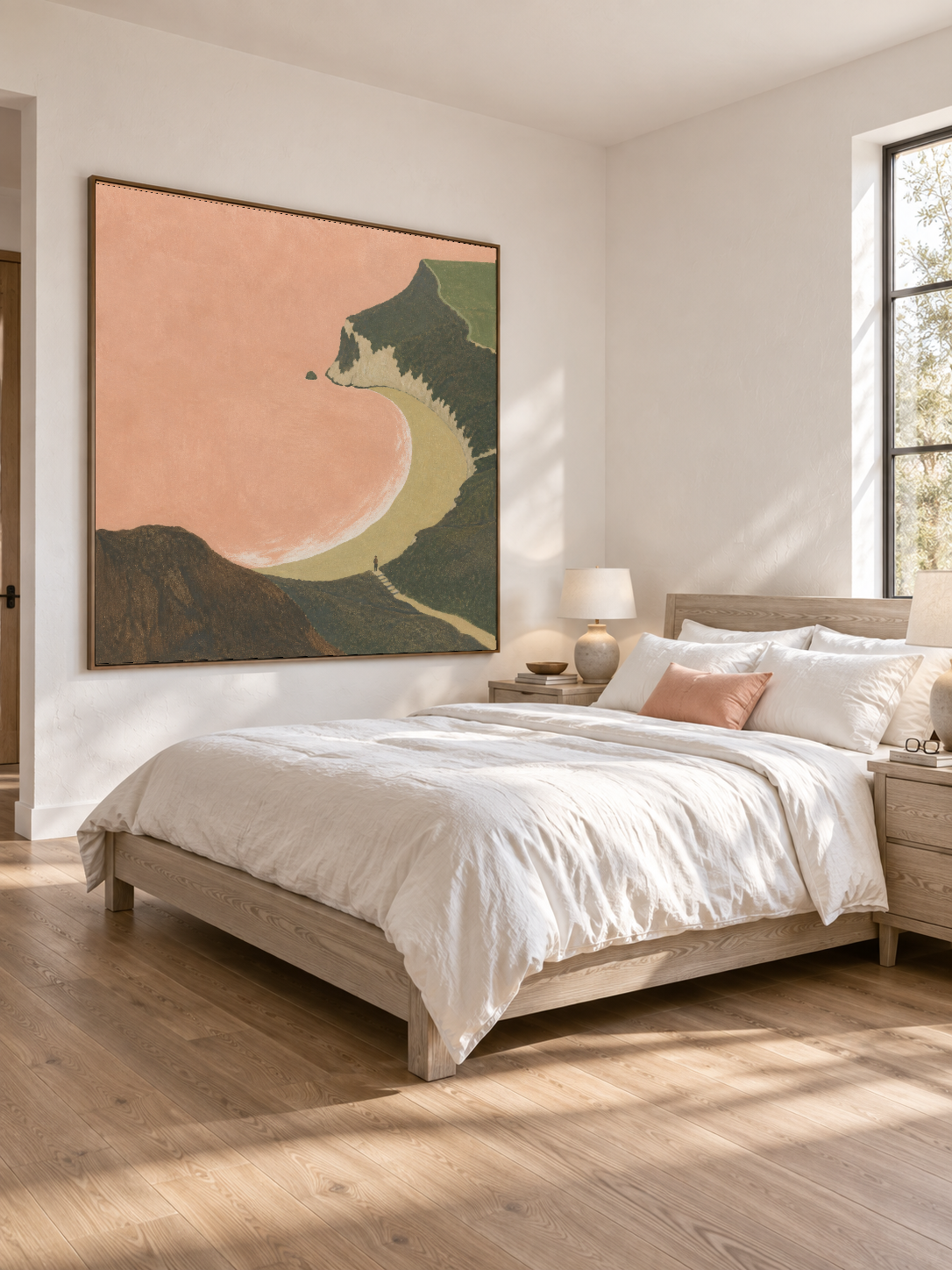 Solitary Figure On Cliffside Path Overlooking Pink Bay Canvas Painting