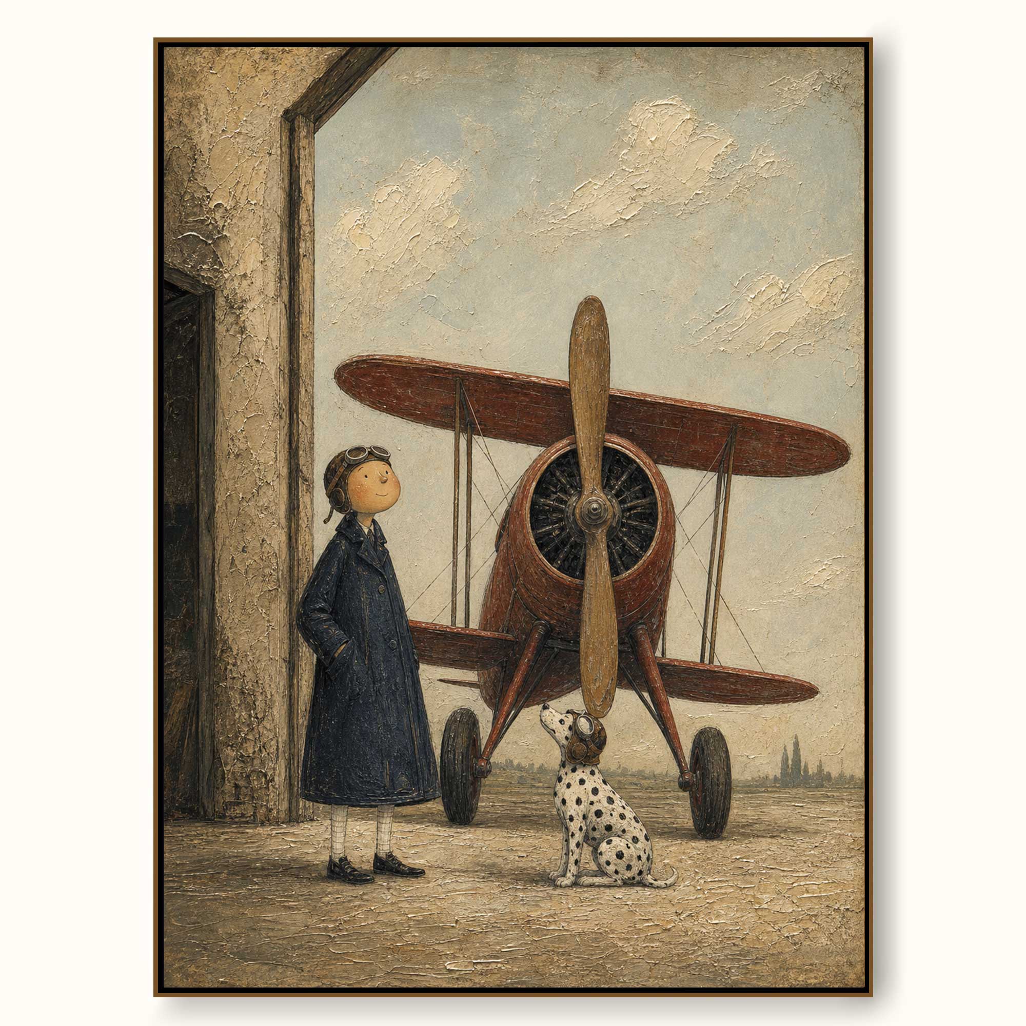 Vintage Pilot And Dalmatian Dog Wall Art With Classic Biplane For Study