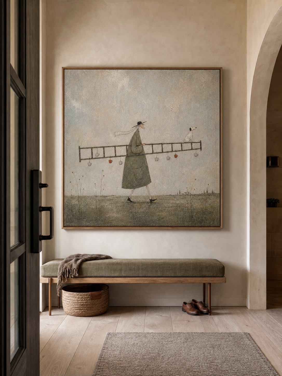 Original Man With Ladder Oil Painting Handmade Whimsical Wall Art For Living Room