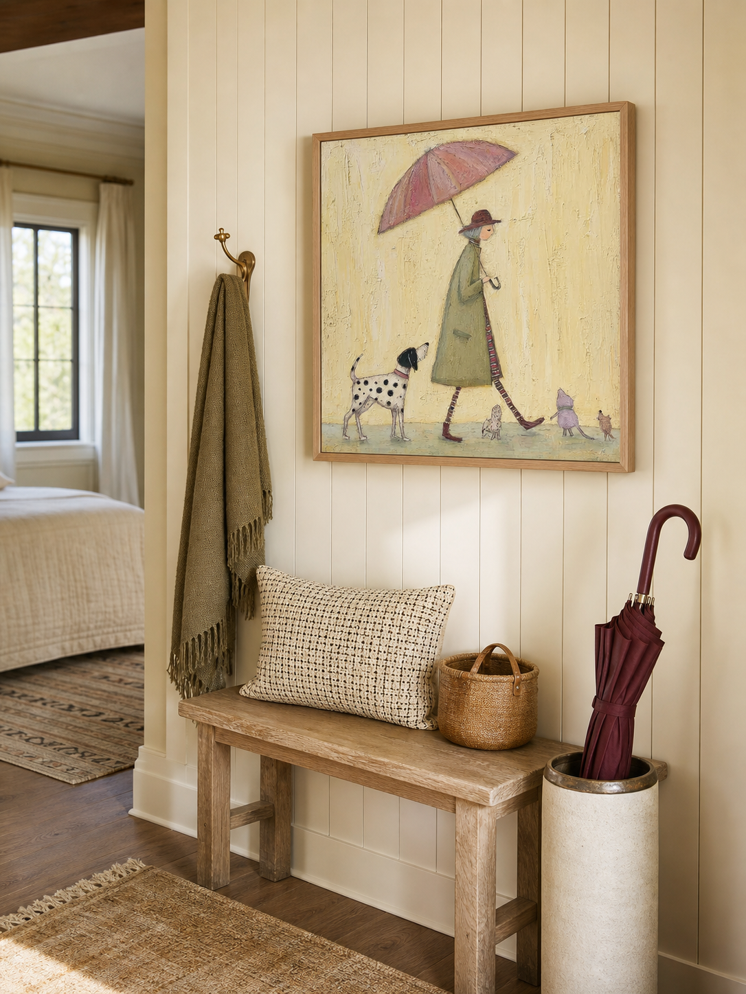 Vintage Dog Painting With Lady And Umbrella For Cozy Home Decor