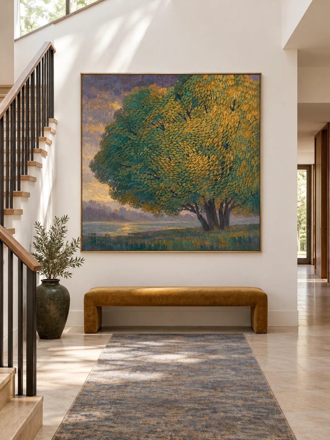 Majestic Tree By Lake Hand-Painted Canvas Art In Gold And Green
