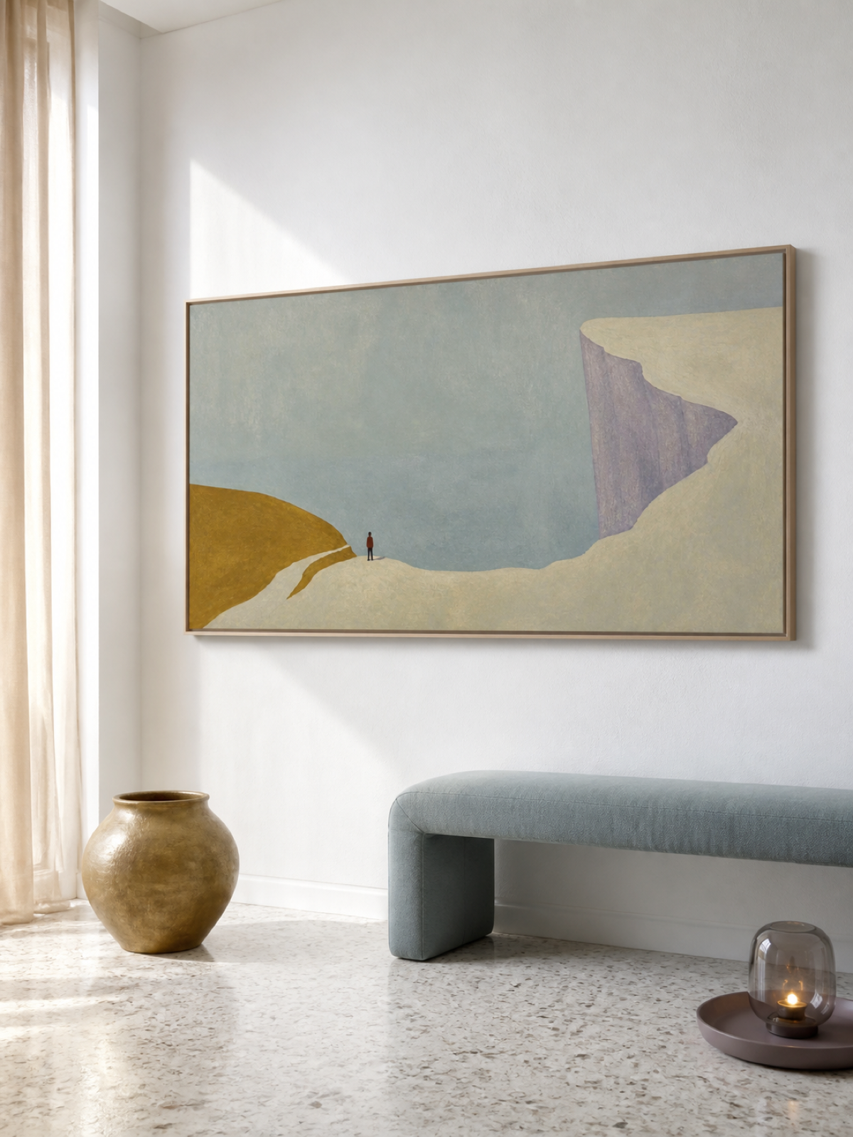 Soft Neutral Mountain Edge With A Tiny Figure Minimalist Wall Decor For Bedroom