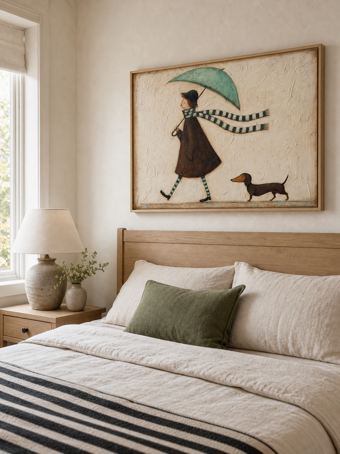 Abstract Minimalist Oil Painting Of Girl With Dog And Umbrella In Beige Tones For Modern Home Decor