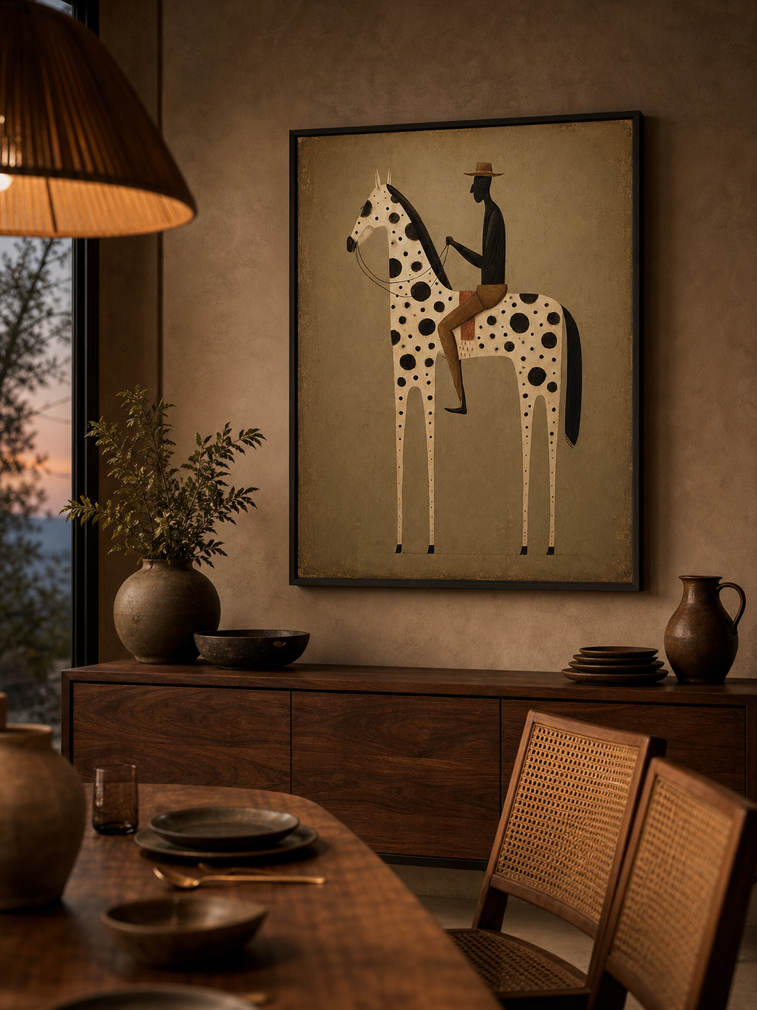 Vintage Modern Horse And Rider Painting For Living Room Decor With Earthy Tones